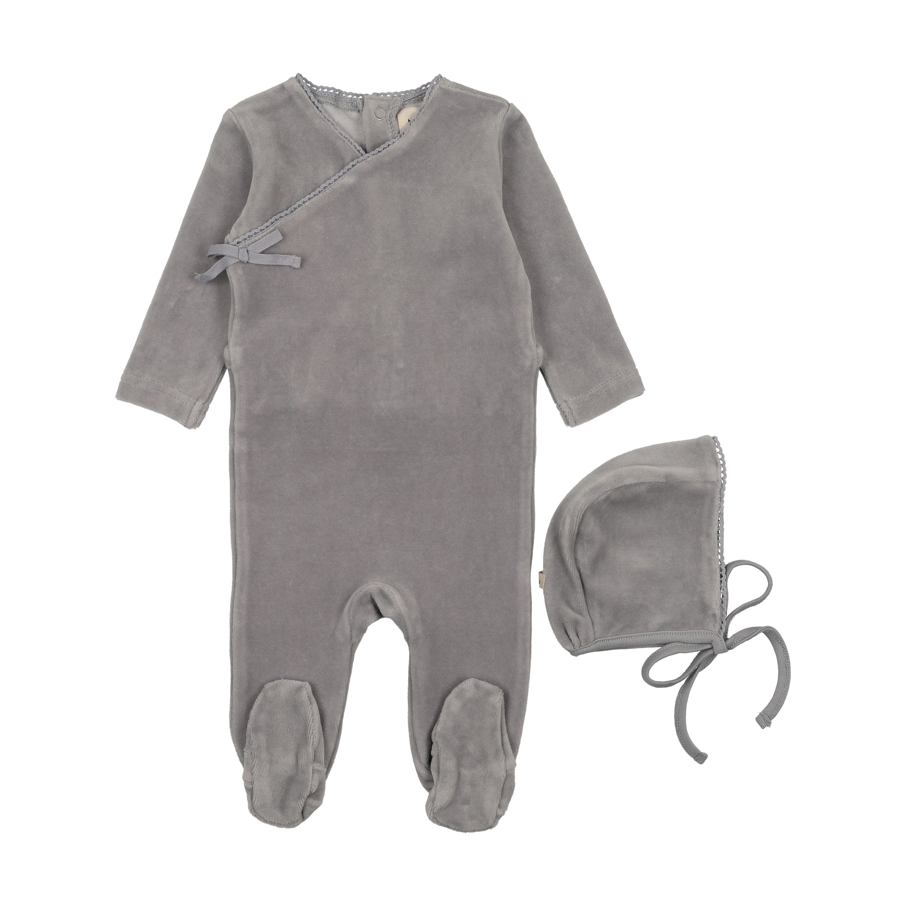 Mema Knits Velour Mock Wrap Footie & Bonnet - Windy Blue