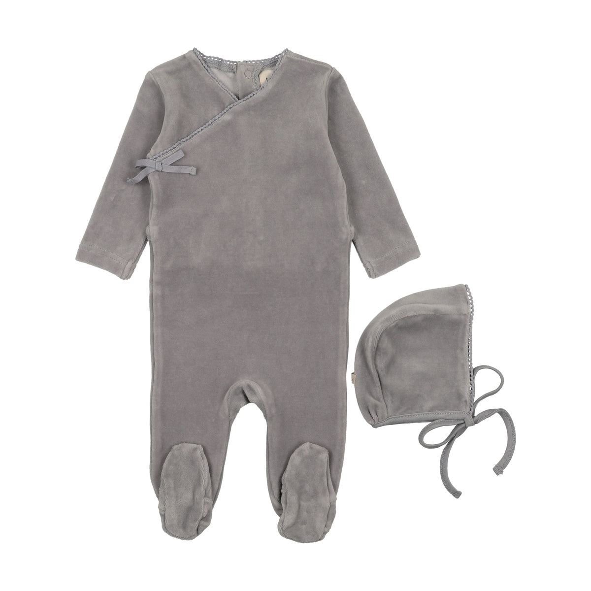 Mema Knits Velour Mock Wrap Footie & Bonnet - Windy Blue