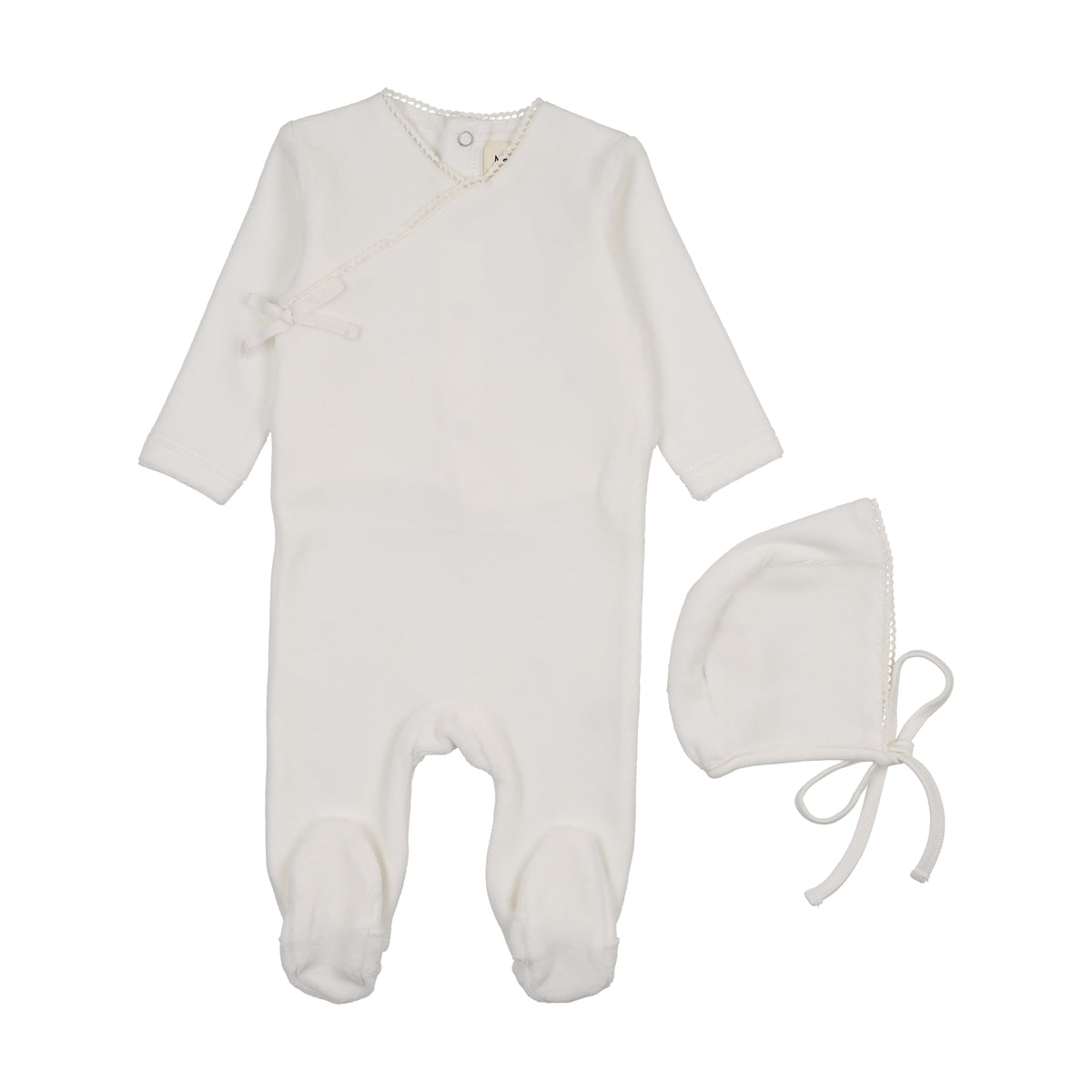 Mema Knits Velour Mock Wrap Footie & Bonnet - Winter White