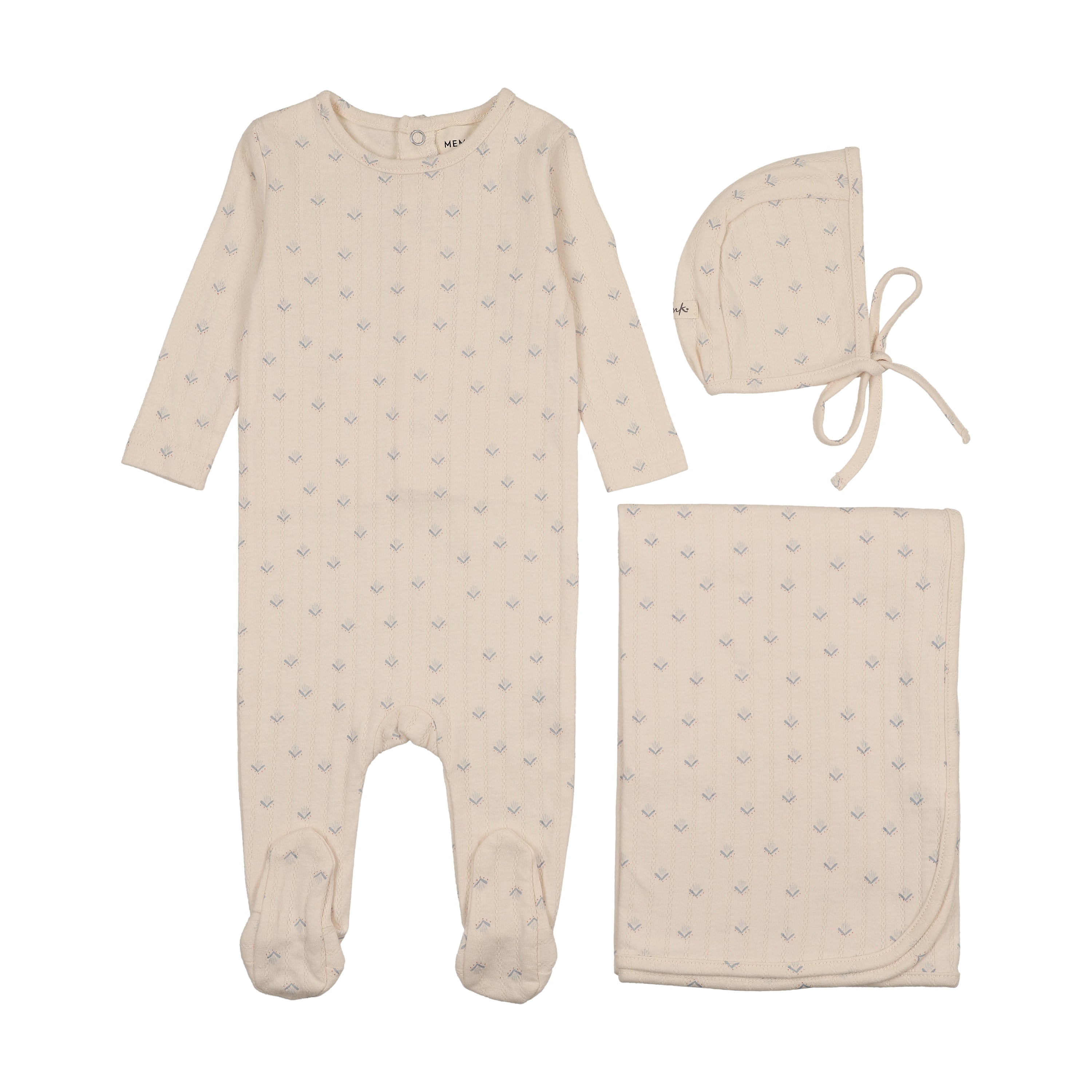 Mema Knits Printed Pointelle Layette Set - Blue Floral Print