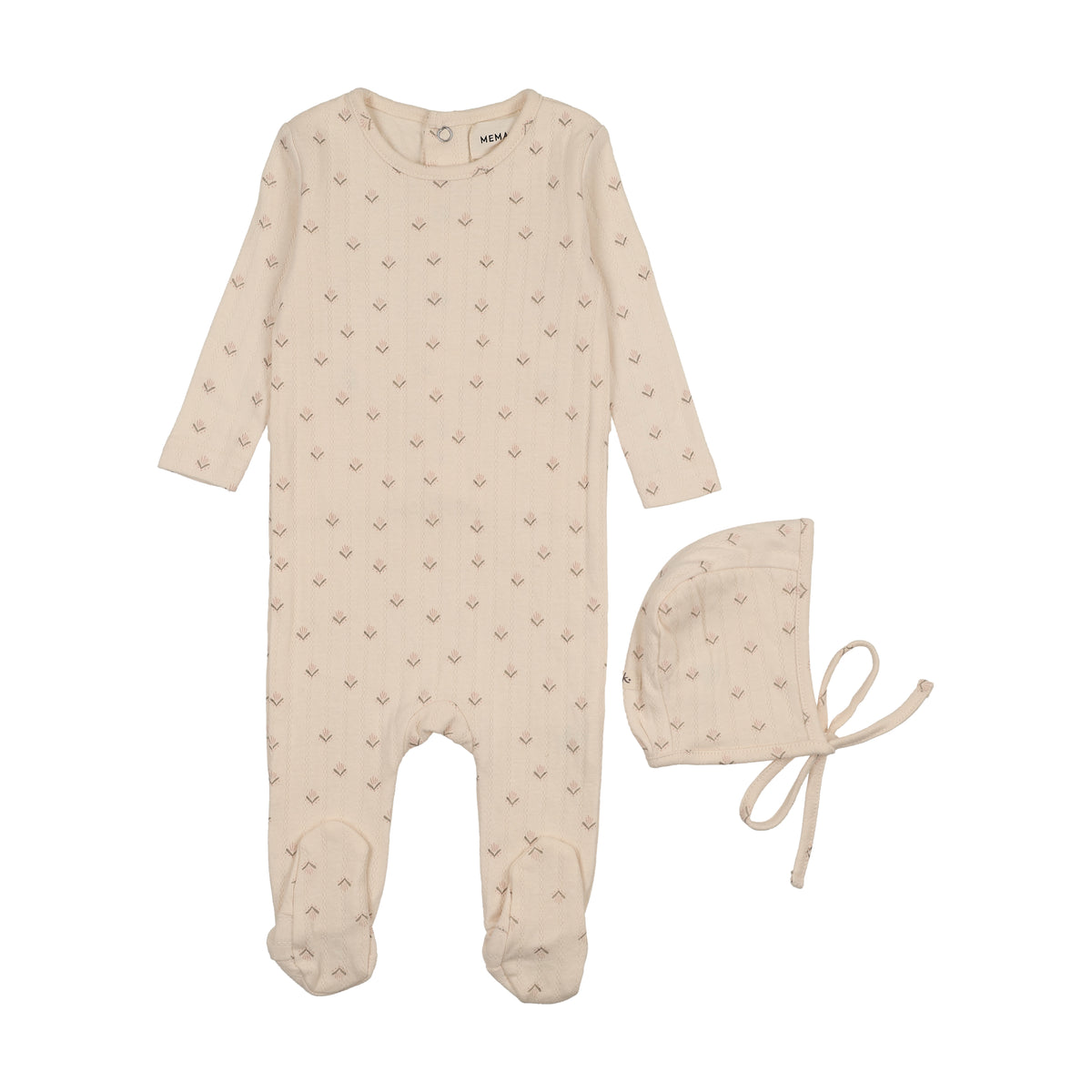 Mema Knits Printed Pointelle Footie & Bonnet - Mauve Floral Print