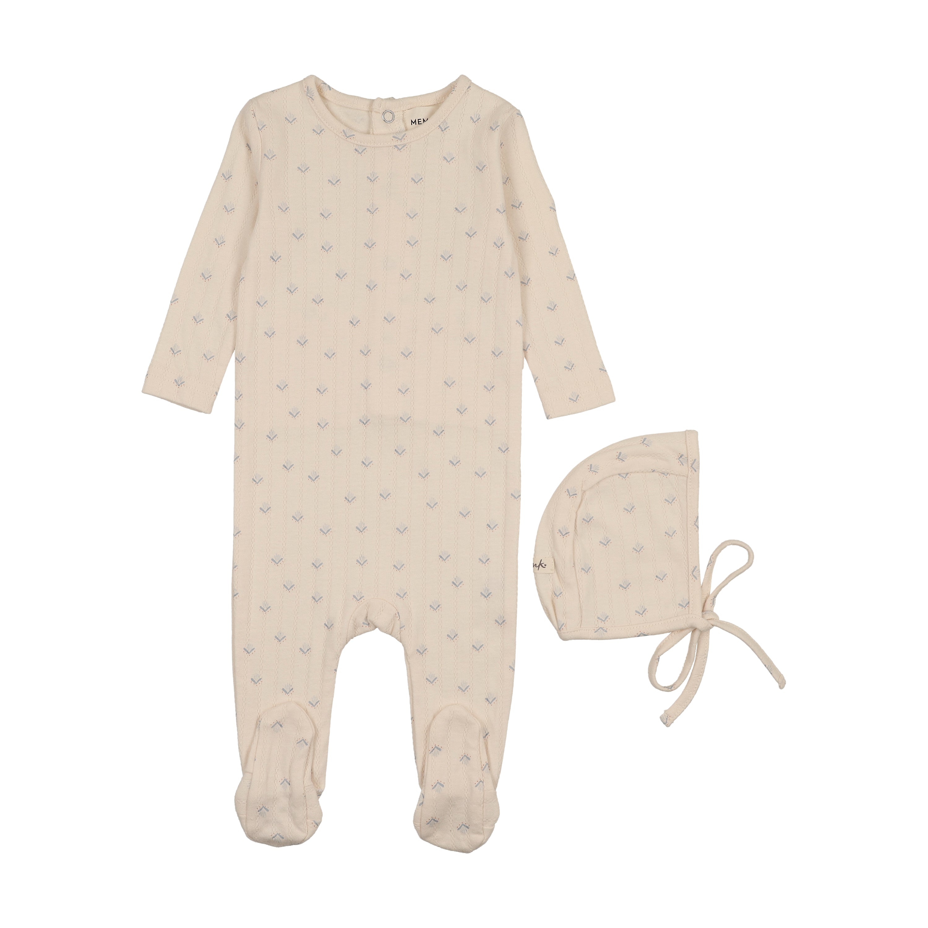 Mema Knits Printed Pointelle Footie & Bonnet - Blue Floral Print