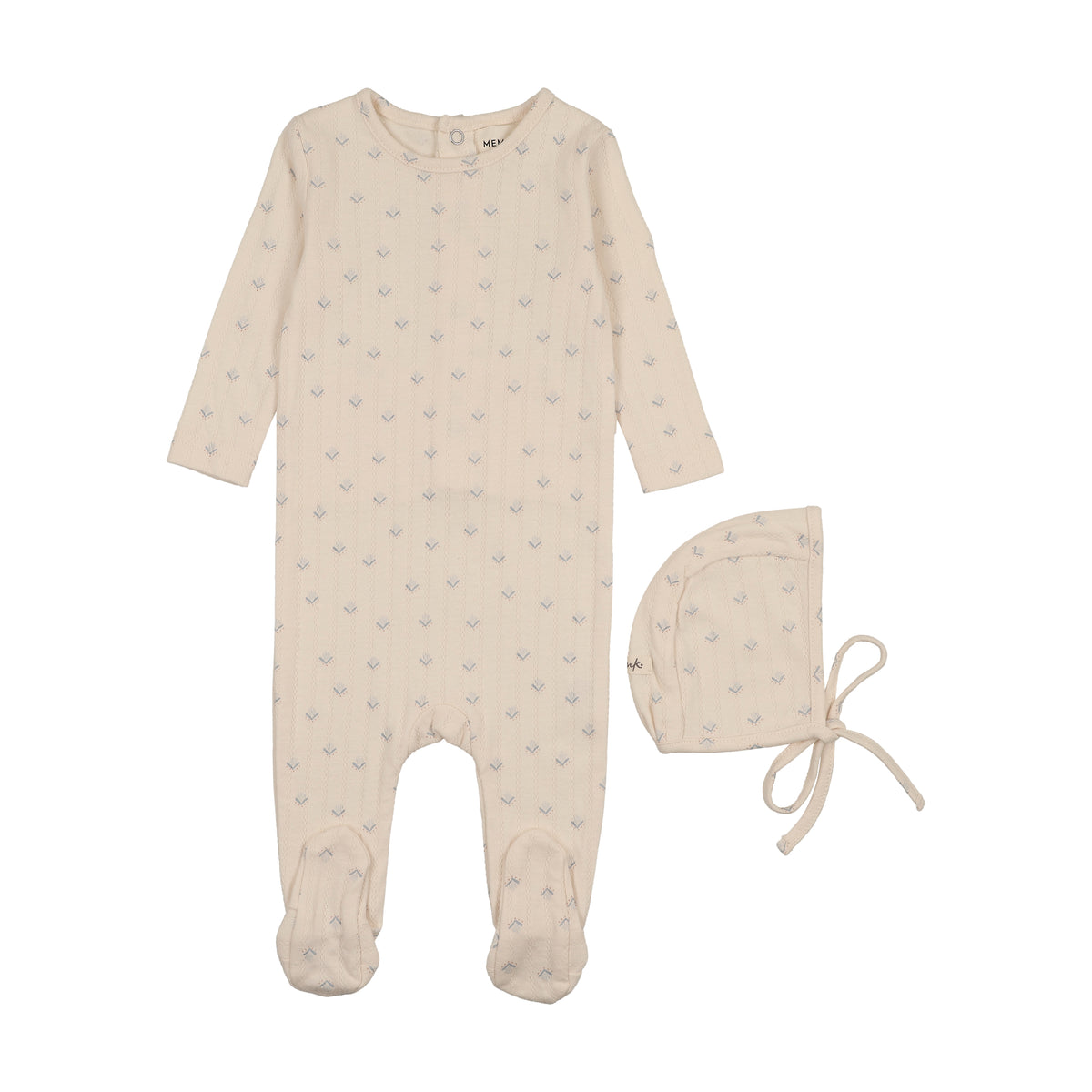 Mema Knits Printed Pointelle Footie & Bonnet - Blue Floral Print