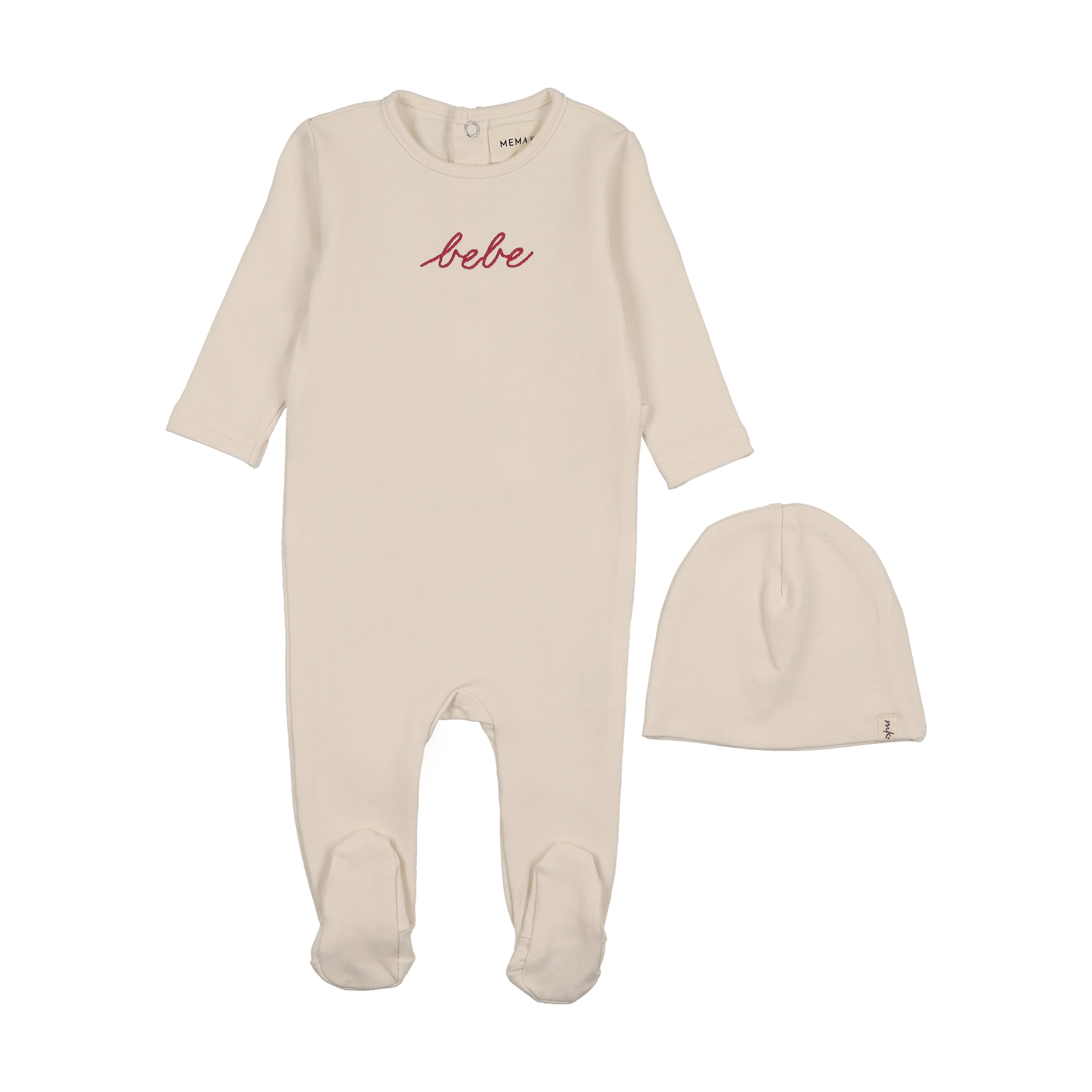 Mema Knits French Terry Embroidered Bebe Footie & Beanie - Ivory/Rosewood