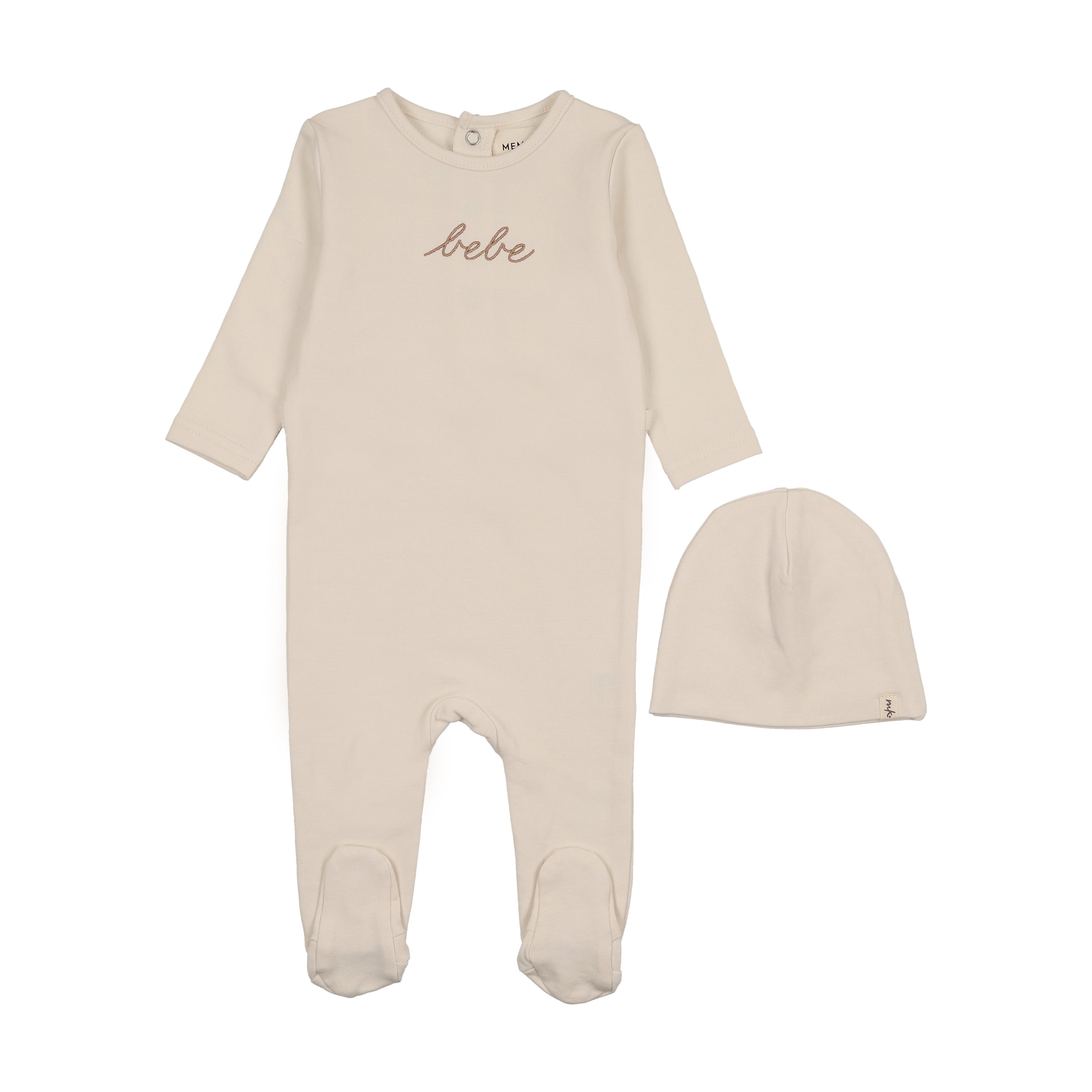 Mema Knits French Terry Embroidered Bebe Footie & Beanie - Ivory/Taupe