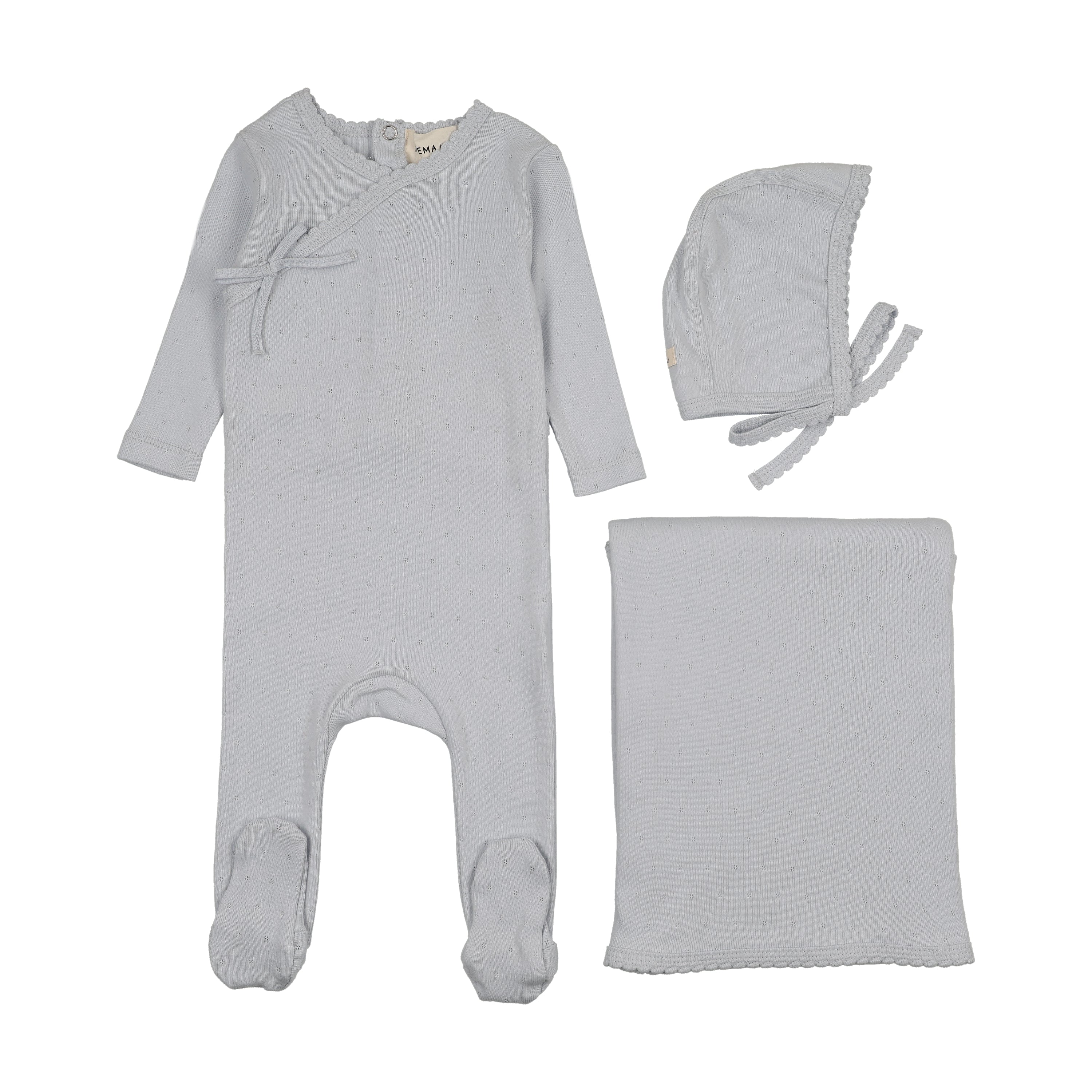 Mema Knits Pointelle Scalloped Edge Layette Set - Gray Dawn