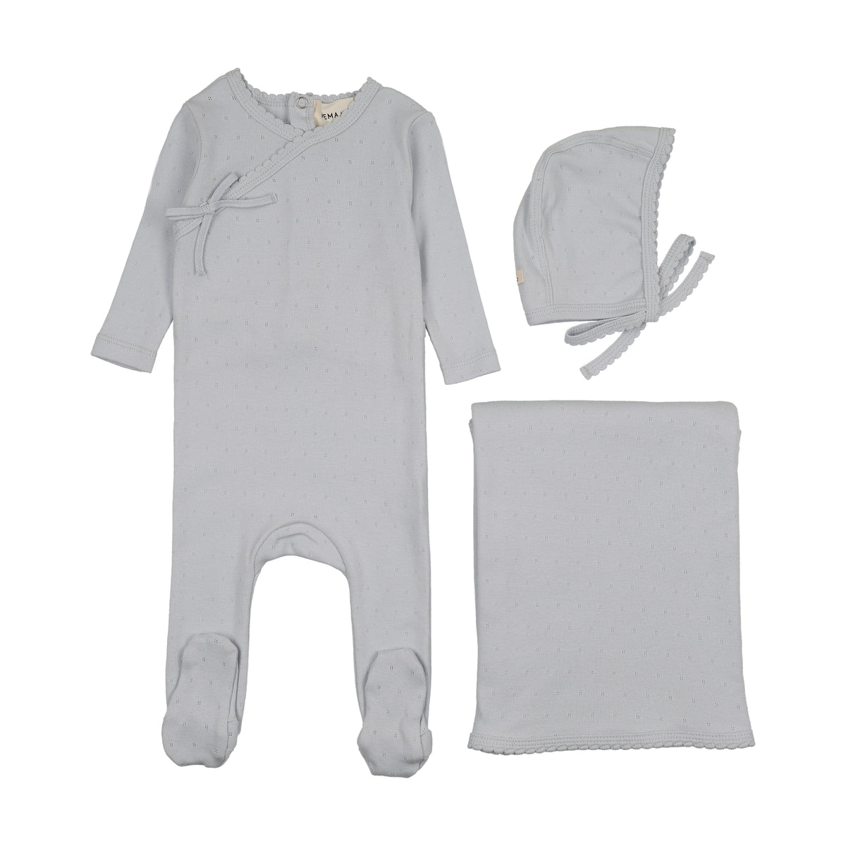 Mema Knits Pointelle Scalloped Edge Layette Set - Gray Dawn