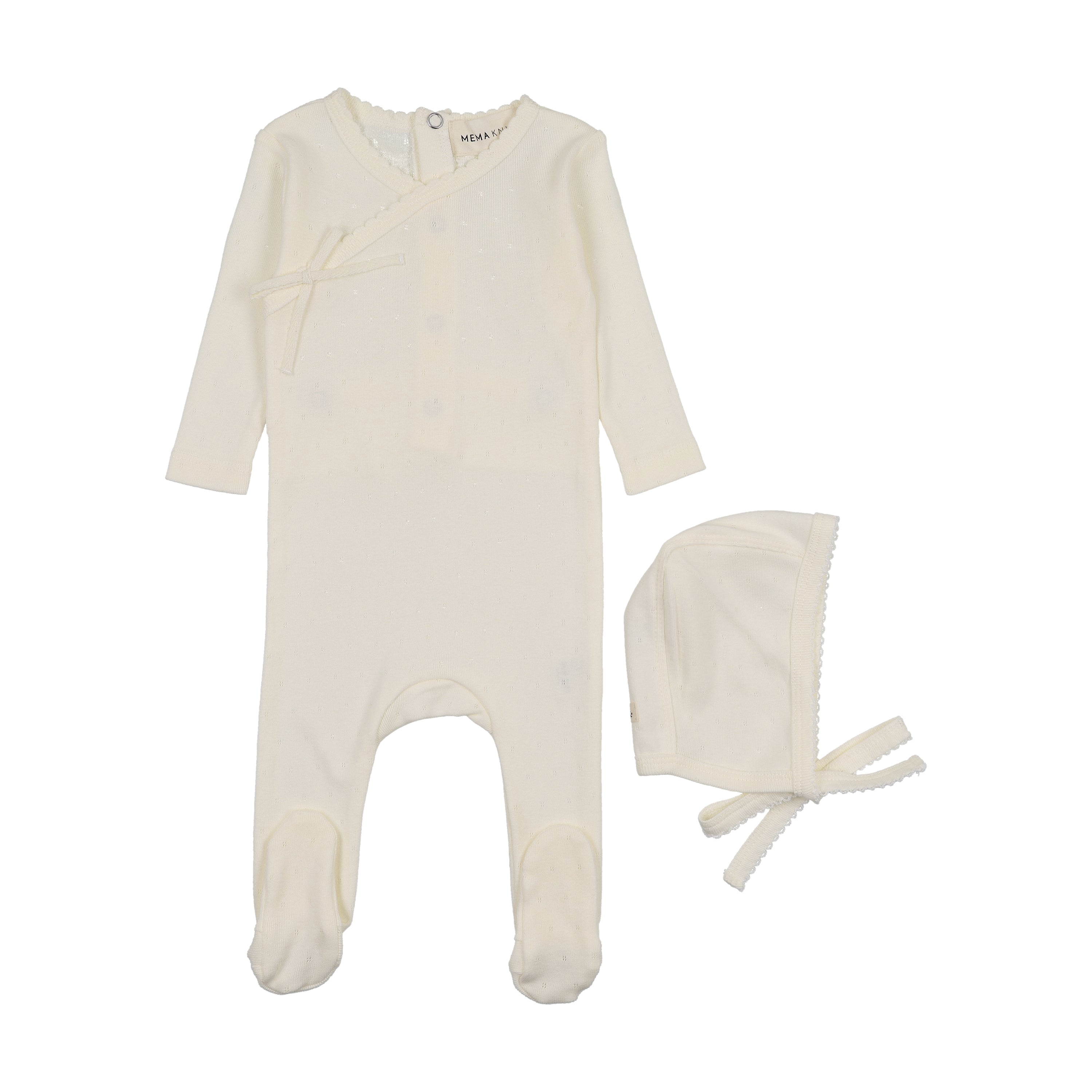 Mema Knits Pointelle Scalloped Edge Footie & Bonnet - Ivory