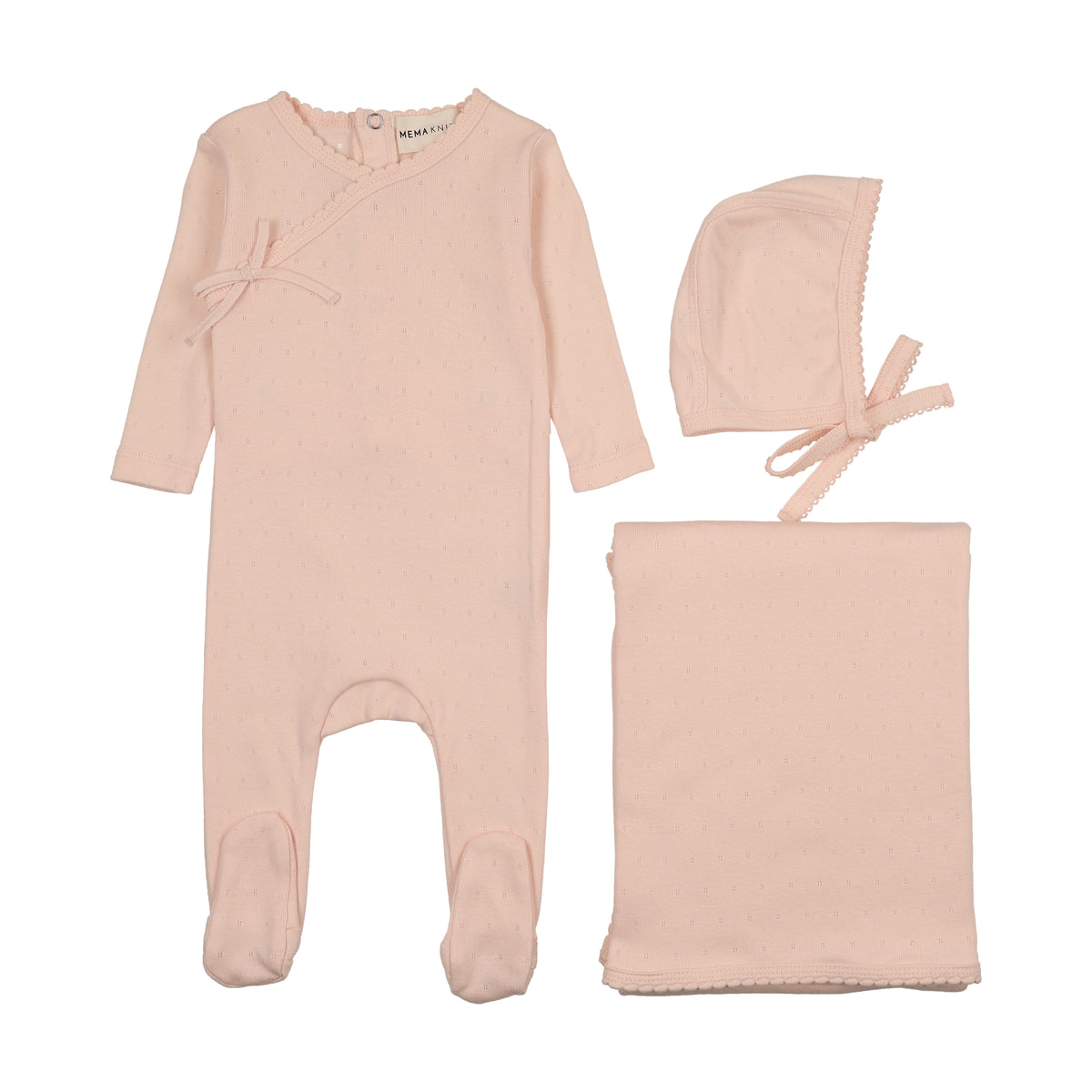Mema Knits Pointelle Scalloped Edge Layette Set - Pale Pink