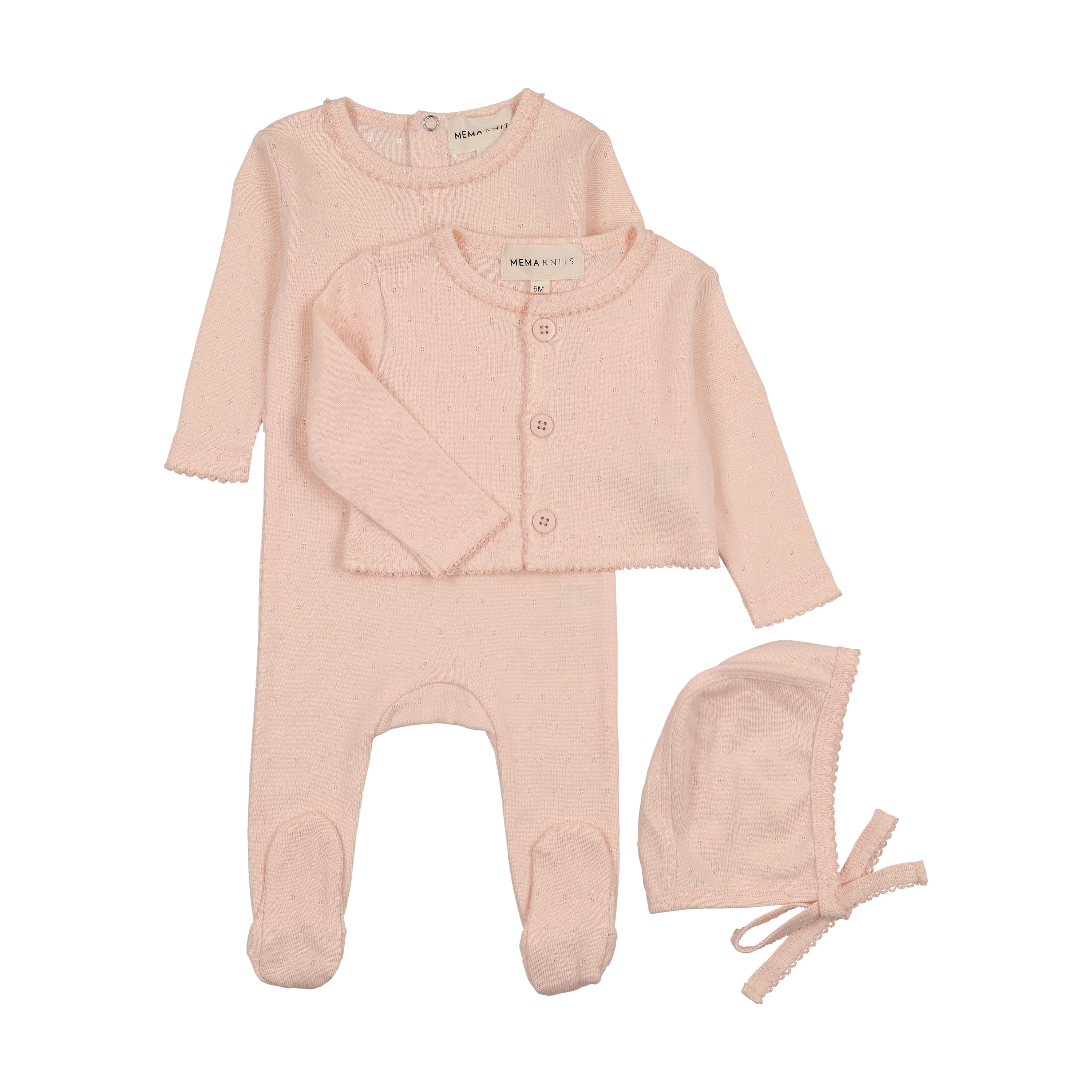 Mema Knits Pointelle Footie, Cardigan & Bonnet - Pale Pink – Babys