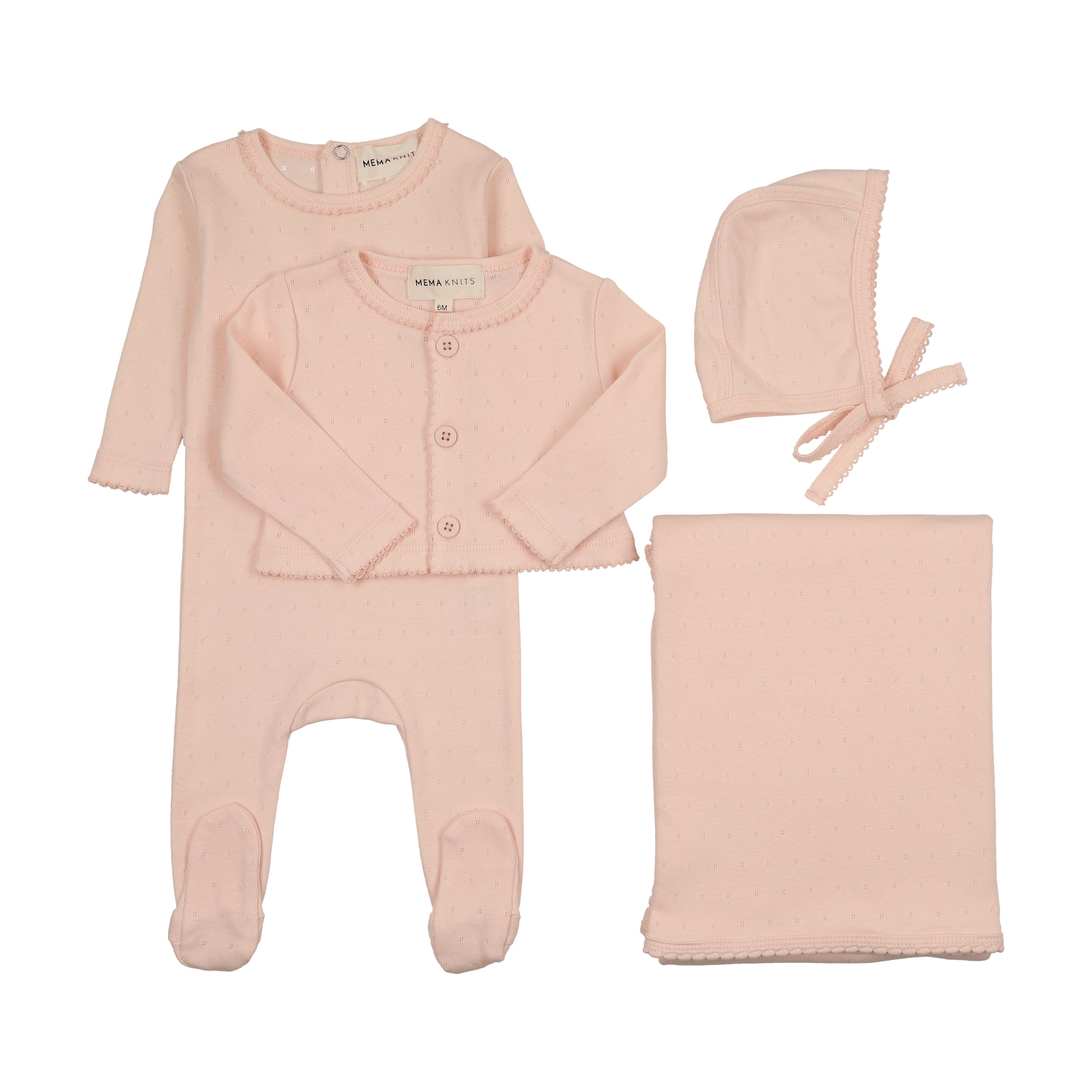 Mema Knits Pointelle Footie, Cardigan & Bonnet W Blanket- Soft Pink