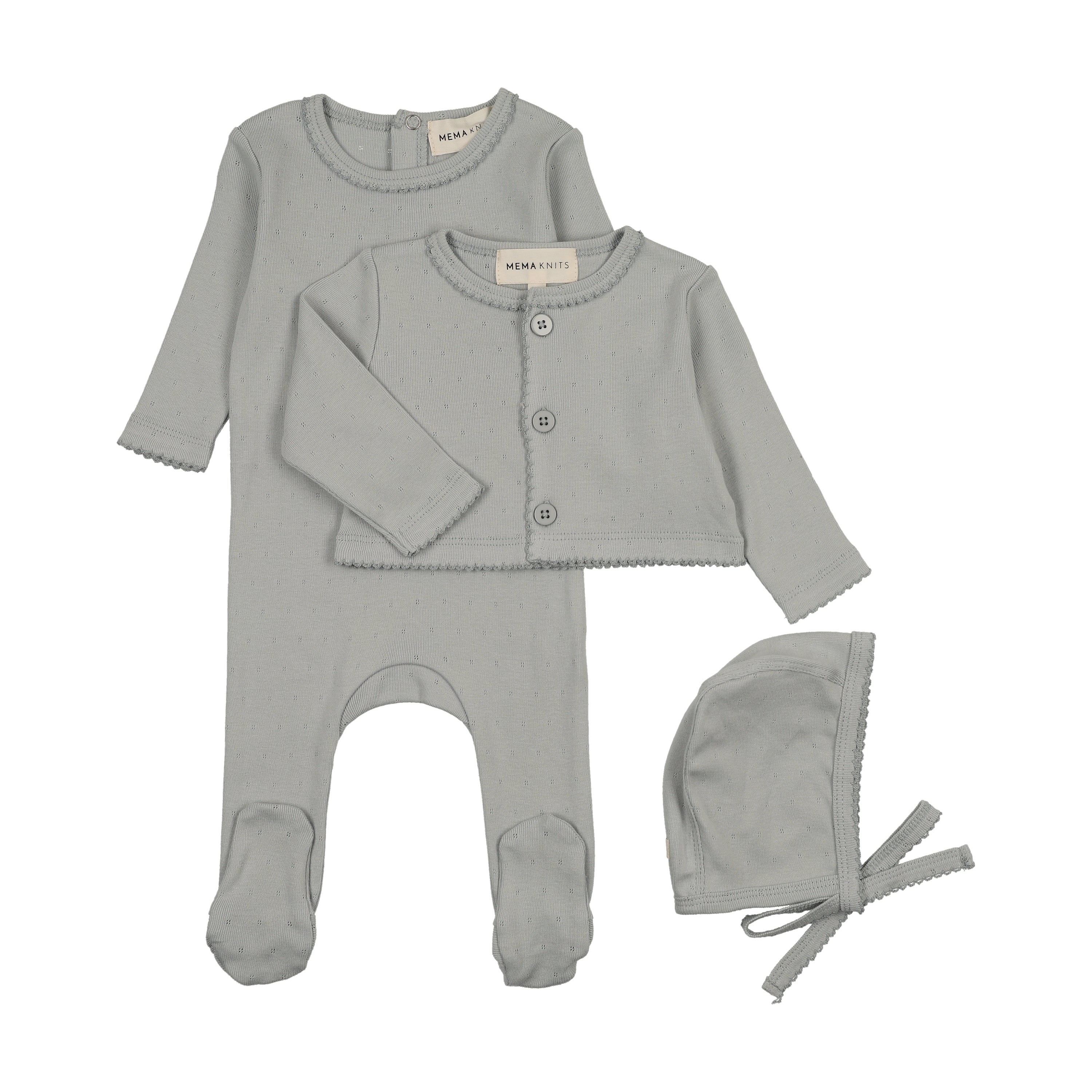 Mema Knits Pointelle Footie, Cardigan & Bonnet - Windy Blue
