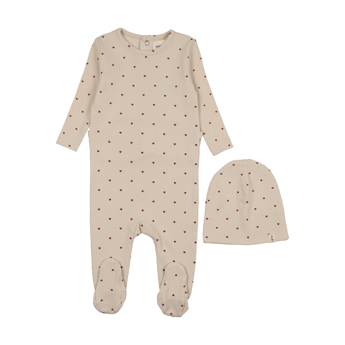 Mema Knits Heart Printed Footie & Beanie - Ecru/Red Hearts