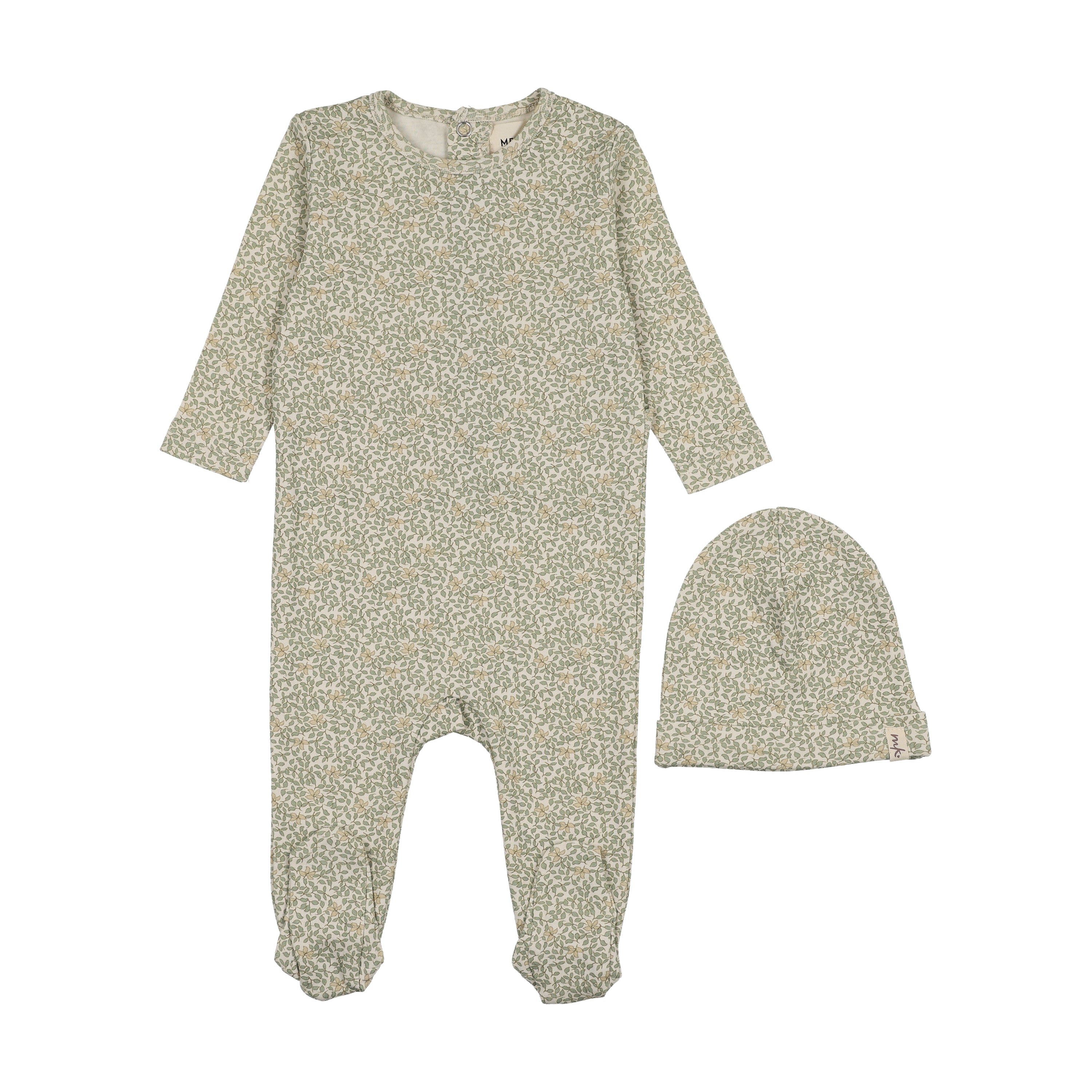 Mema Knits Leaf Print Footie & Beanie - Green Leaves Print