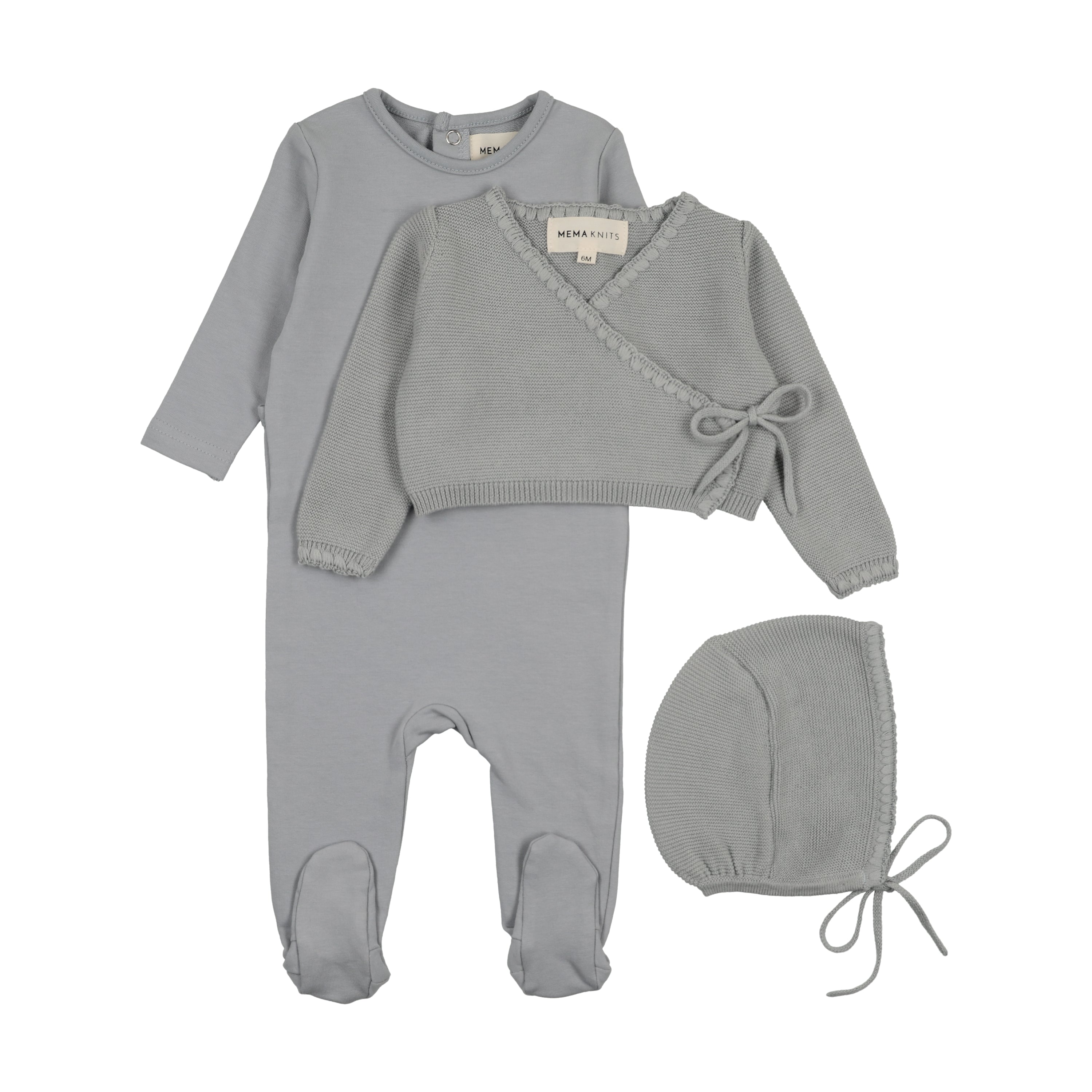 Mema Knits Embroidered Edge Knit Footie, Sweater & Bonnet - Windy Blue