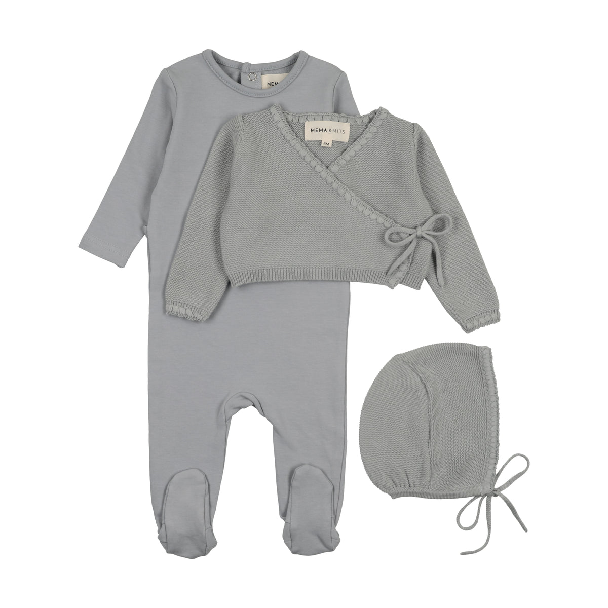 Mema Knits Embroidered Edge Knit Footie, Sweater & Bonnet - Windy Blue