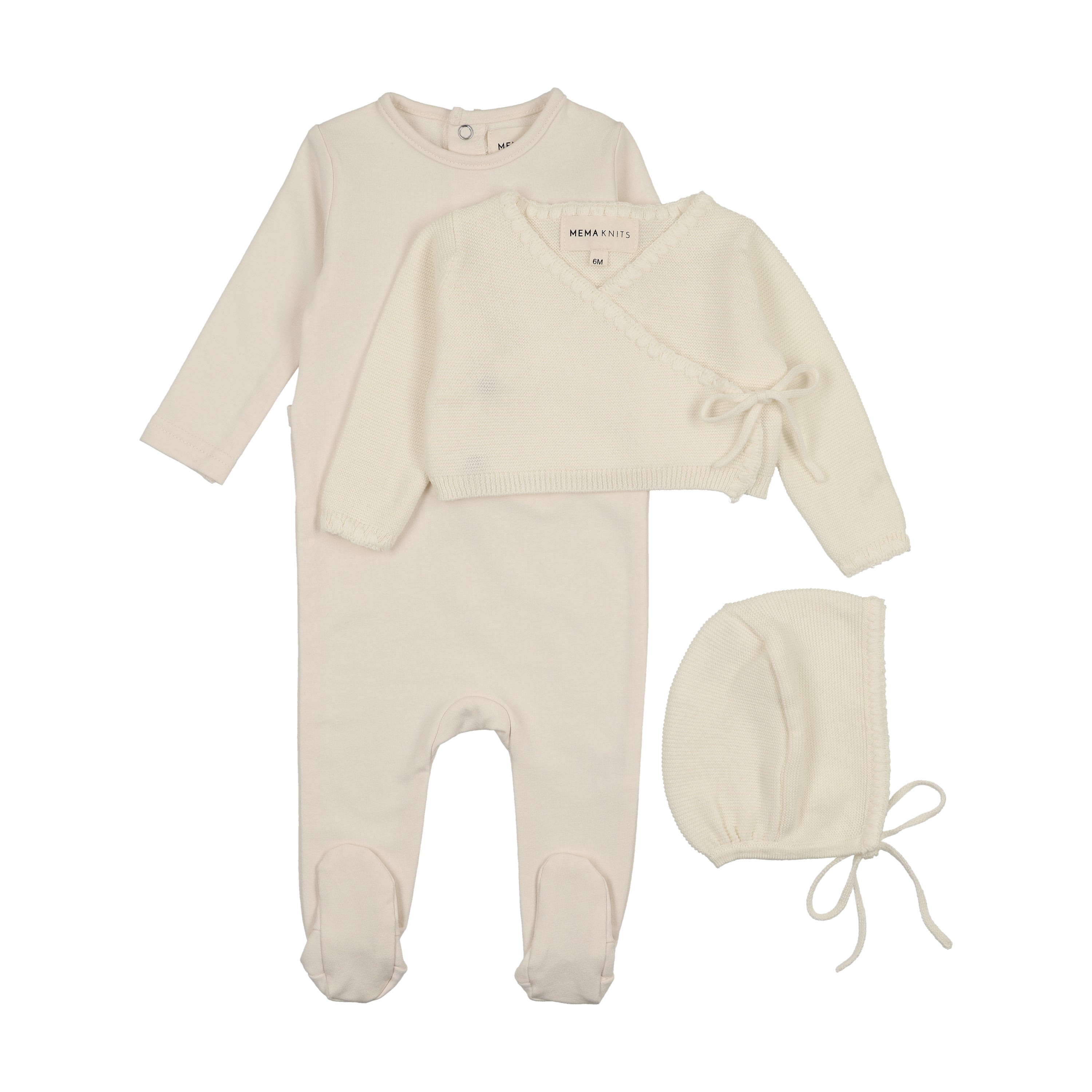 Mema Knits Embroidered Edge Knit Footie, Sweater & Bonnet - Ivory