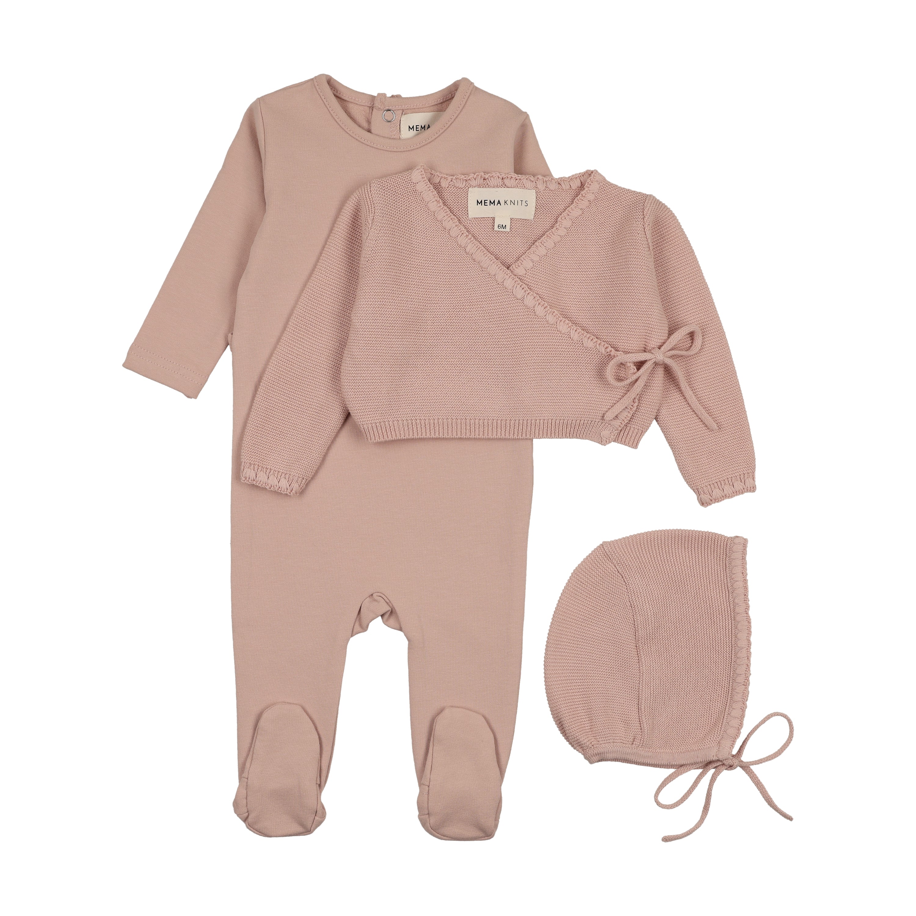 Mema Knits Embroidered Edge Knit Footie, Sweater & Bonnet - Pale Pink