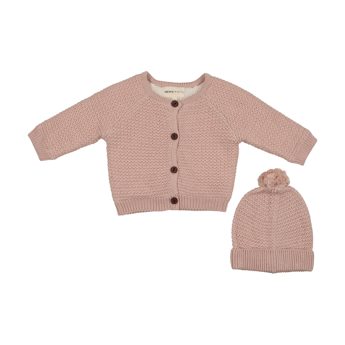 Mema Knits Knit Sherpa Lined Jacket & Pompom Beanie - Pale Pink