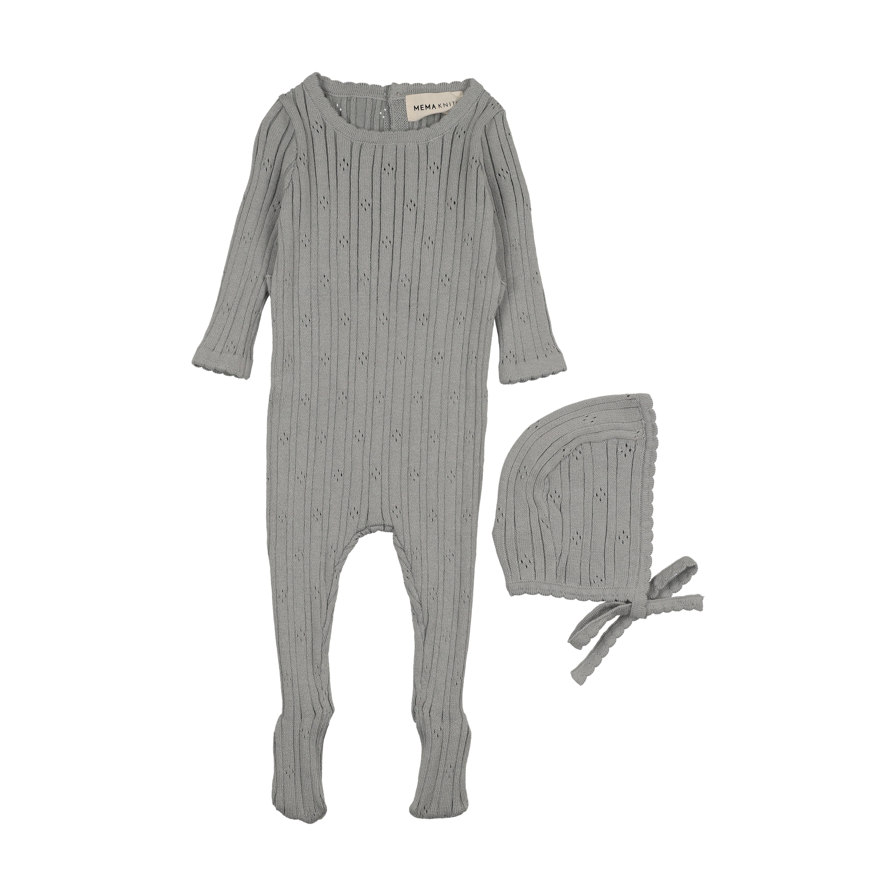 Mema Knits Pointelle Knit Footie & Bonnet - Windy Blue