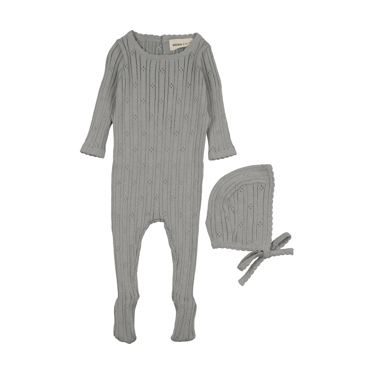 Mema Knits Pointelle Knit Footie & Bonnet - Windy Blue