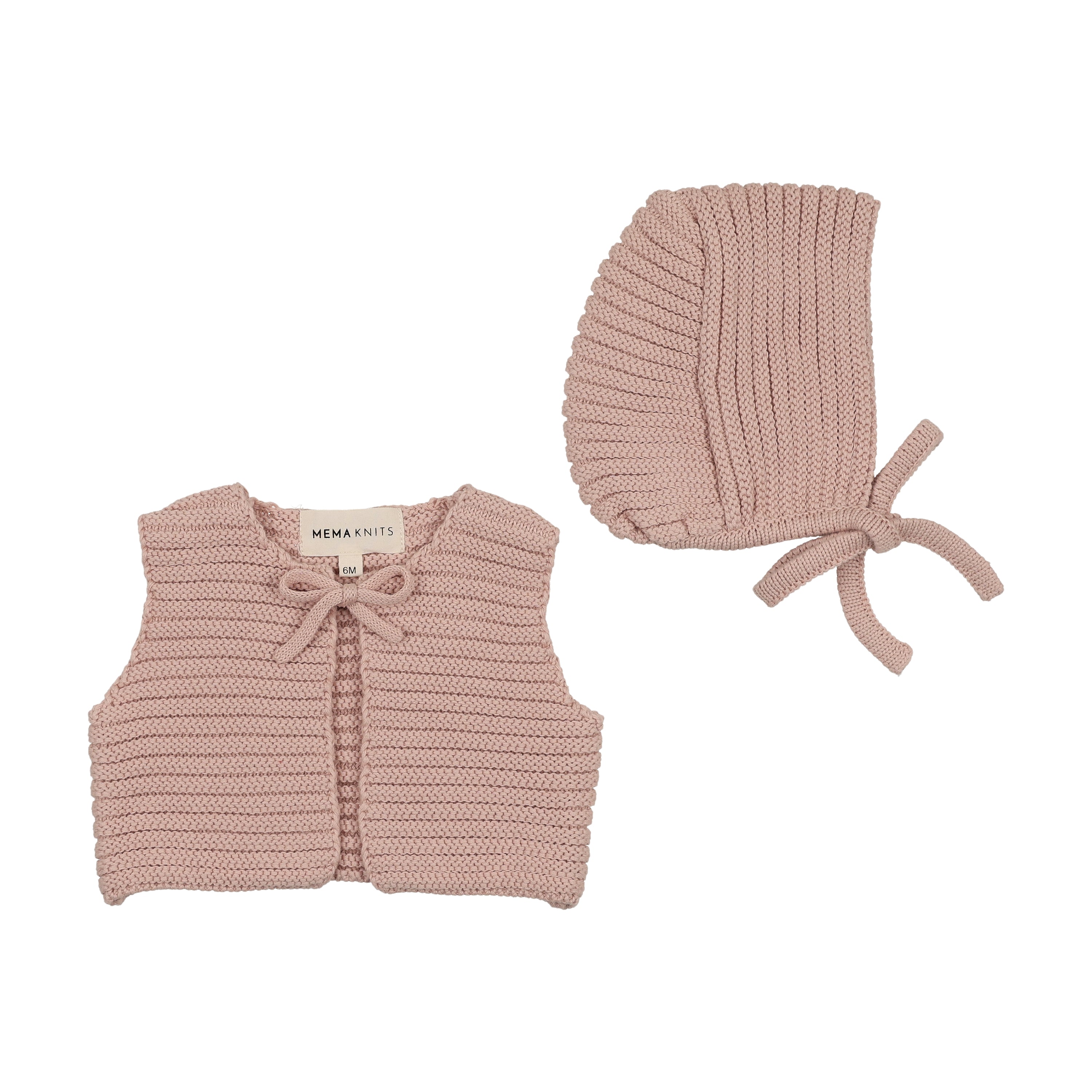 Mema Knits Knit Crop Vest & Bonnet - Pale Pink