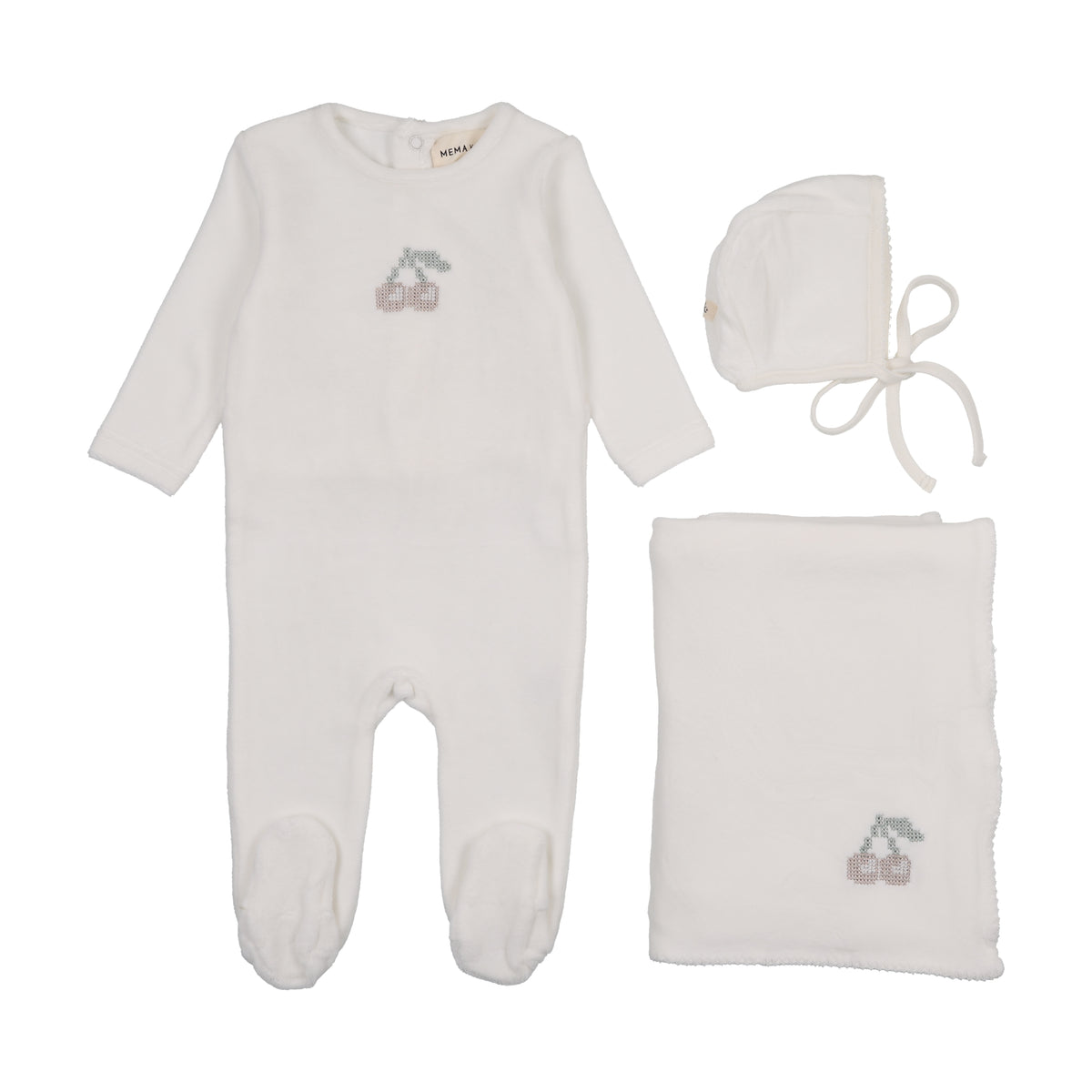 Mema Knits Velour Embroidered Cherry Layette Set - WW/Taupe Cherry