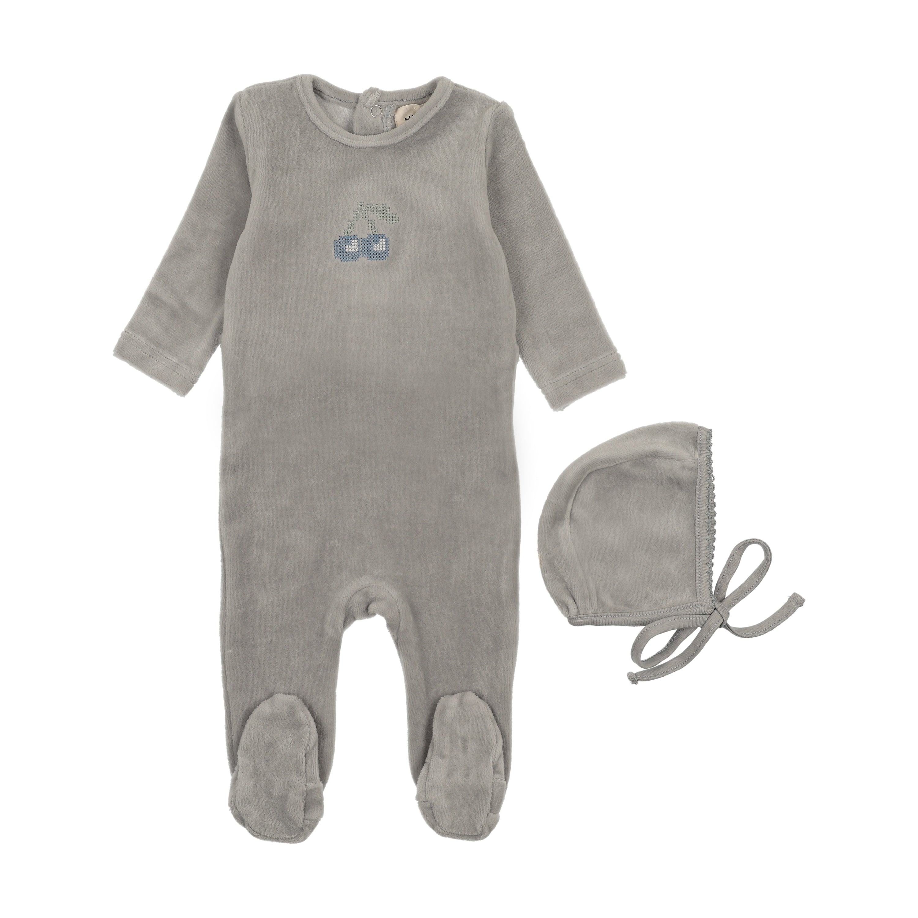 Mema Knits Velour Embroidered Cherry Footie & Bonnet - Misty Blue/Blue Cherry