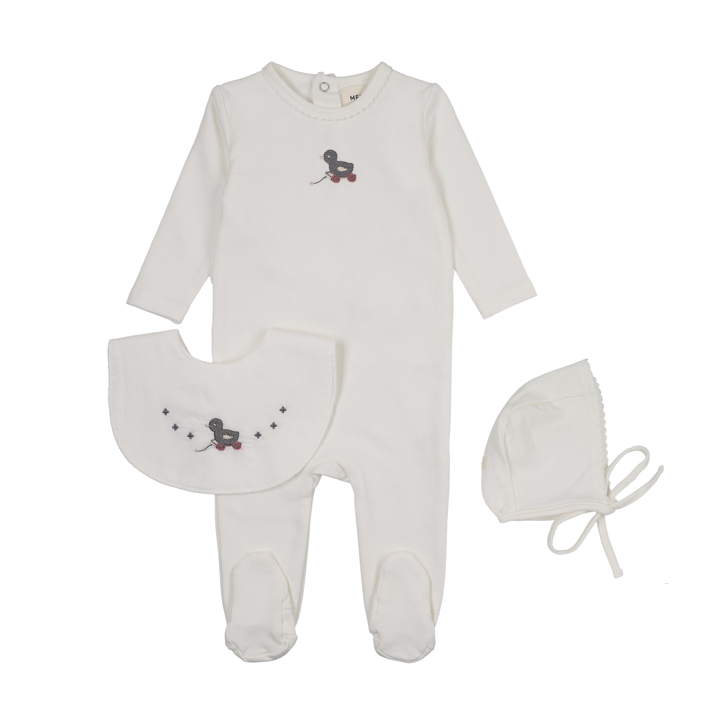 Mema Knits Embroidered Duck Footie, Bonnet & Bib - WW/Slate