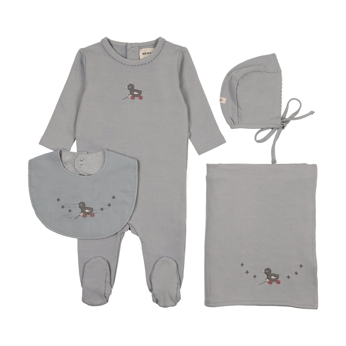 Mema Knits Embroidered Duck Footie, Bonnet & Bib Layette Set - Windy Blue/Slate