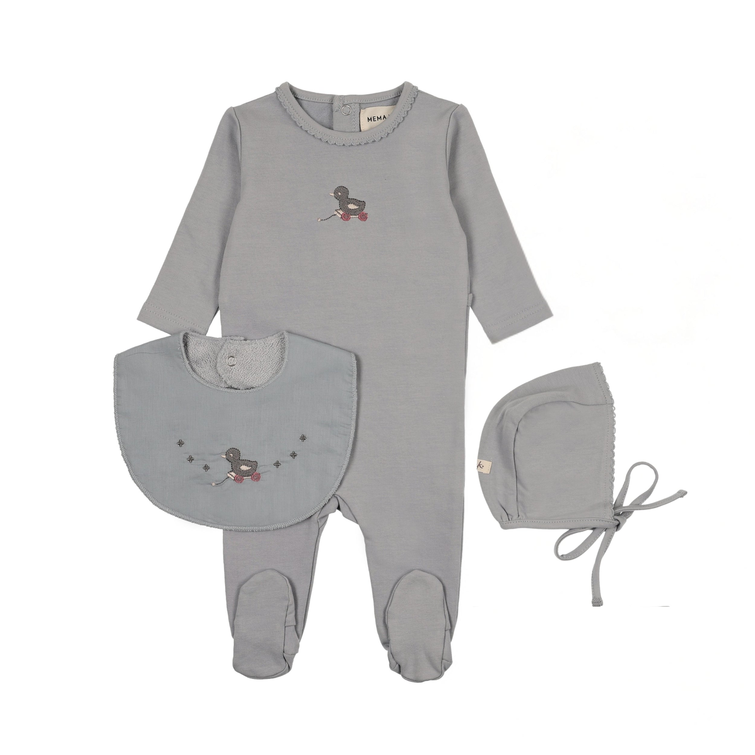 Mema Knits Embroidered Duck Footie, Bonnet & Bib - Windy Blue/Slate