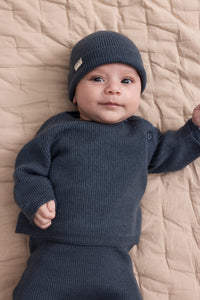 Marmar Merino Wool Top, Pants & Beanie Layette Set- Blue