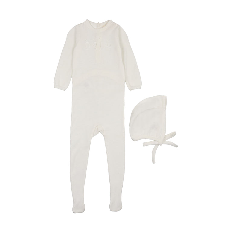 Mema Knits Bebe Knit Footie & Bonnet - Cream Mema Knits Bebe Knit Footie & Bonnet - Cream