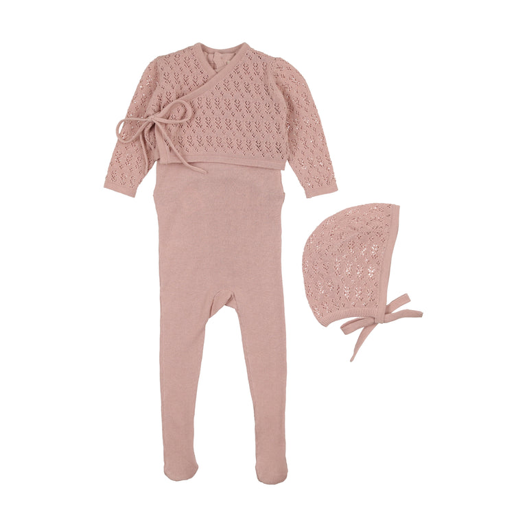 Mema Knits Knit Footie with Cropped Cardigan + Bonnet - Pink Mema Knits Knit Footie with Cropped Cardigan + Bonnet - Pink