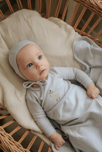 Mema Knits Embroidered Layette Set - Gray Dawn/Yellow Duck