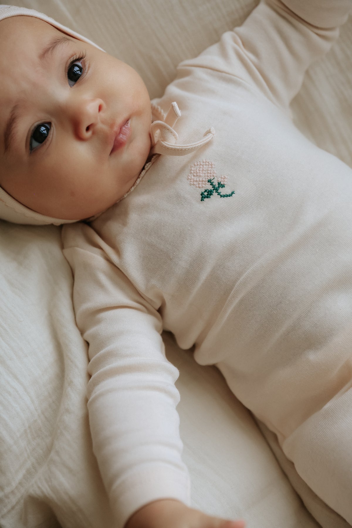 Mema Knits Embroidered Layette Set - Light Pink/Pale Pink Flower