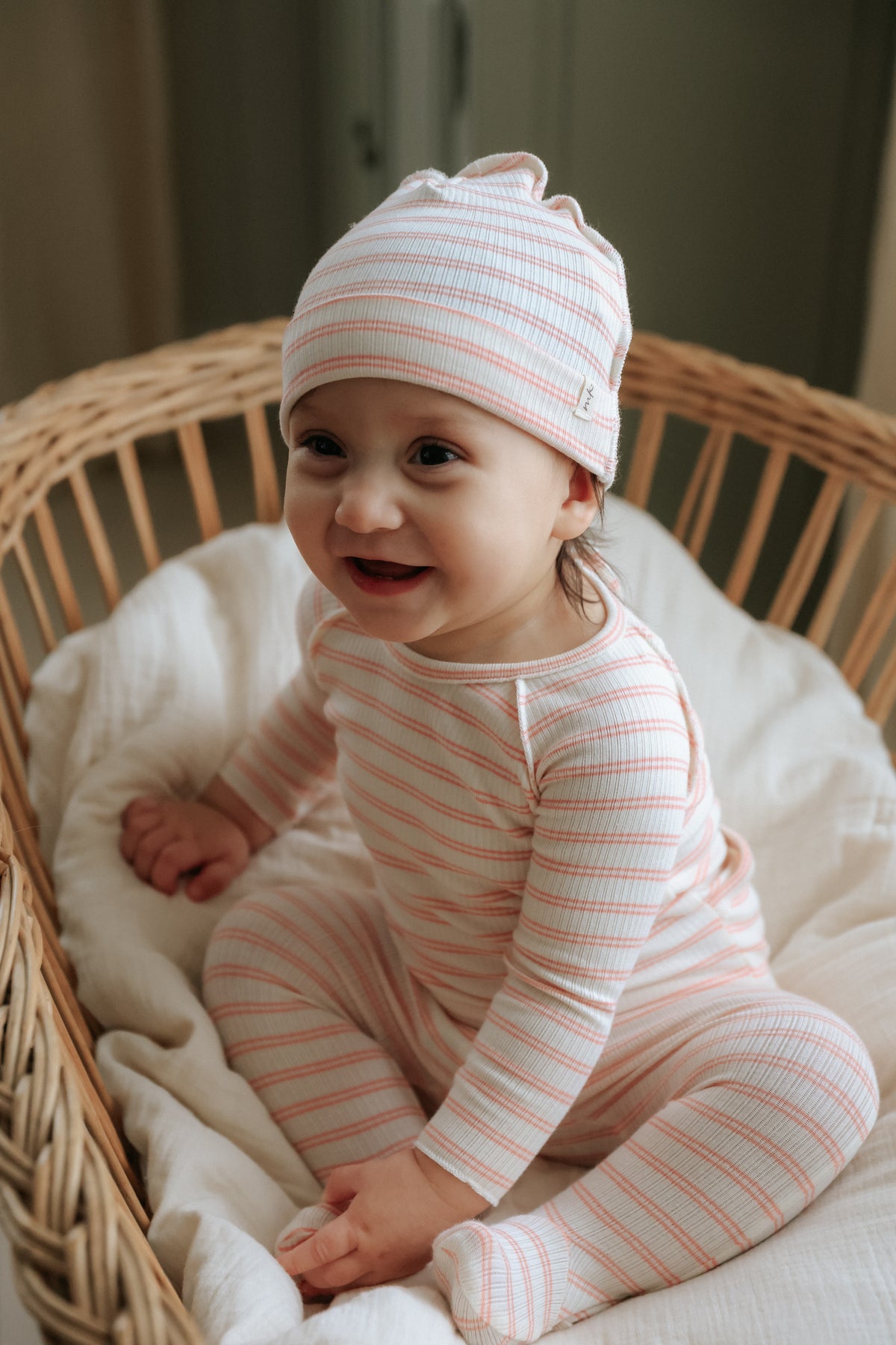 Mema Knits Rib Stripe Footie & Beanie - Pale Pink