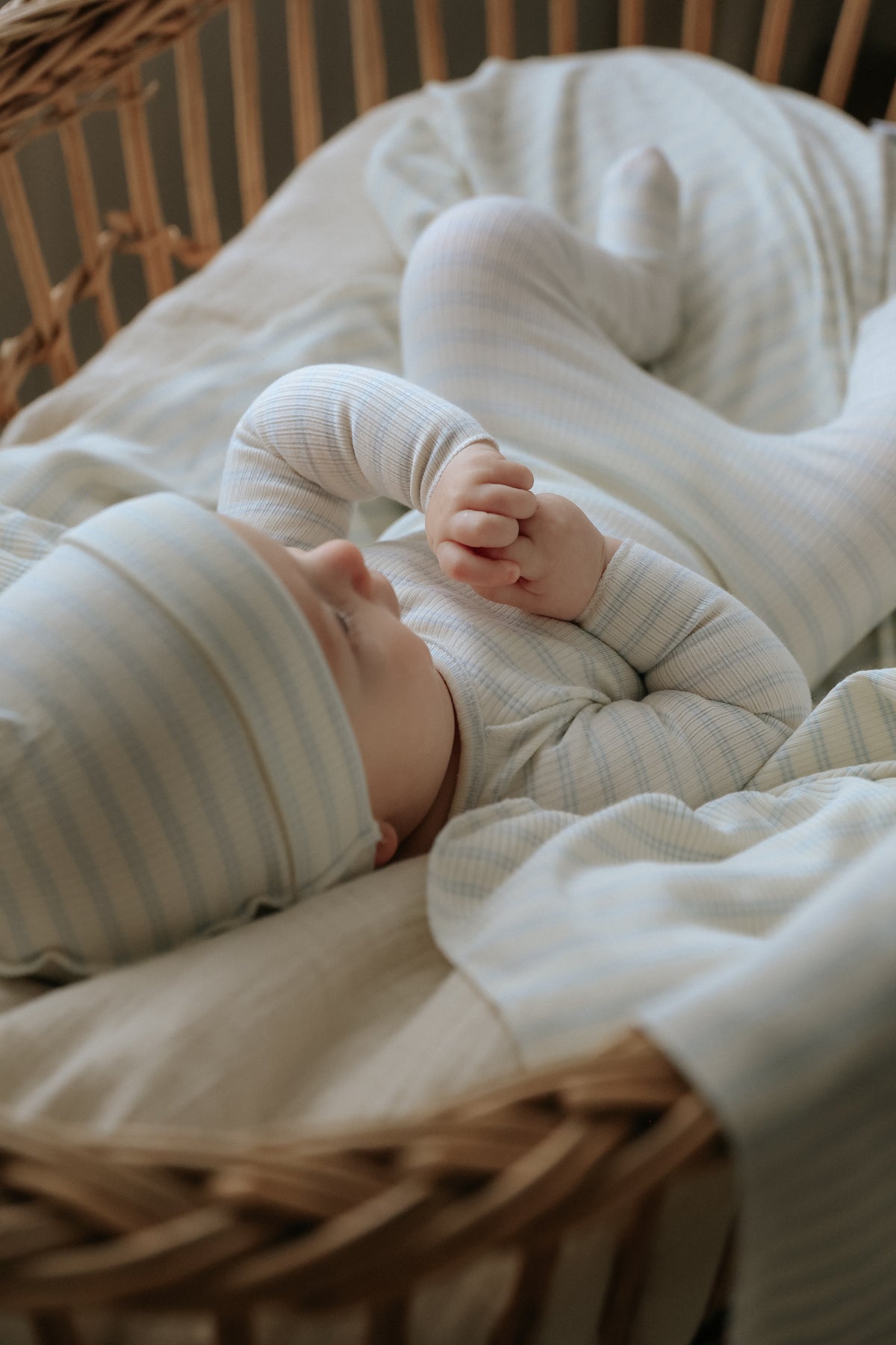 Mema Knits Rib Stripe Footie & Beanie - Light Blue