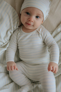 Mema Knits Rib Stripe Footie & Beanie - Light Blue