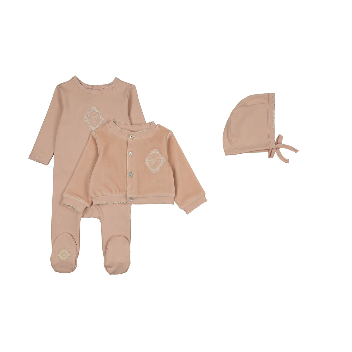 Mon Tresor Monogram Majesty Footie, Cardigan & Hat - Pink Whip