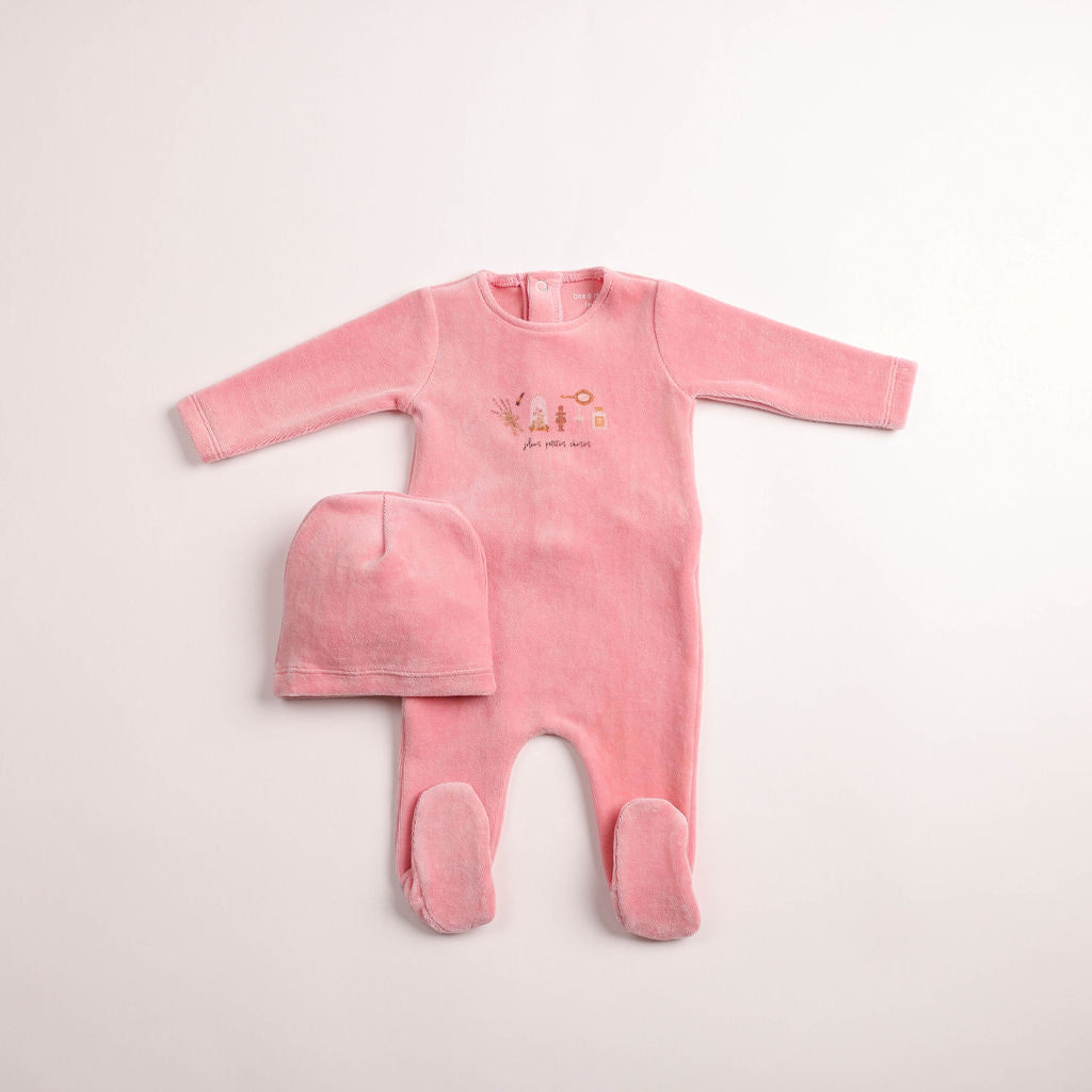 Bee & Dee Paraphenalia Velour Footie & Beanie - Dark Rose
