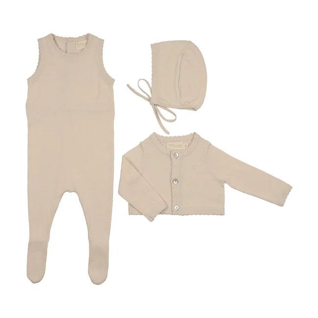 Peluche Knit Footie, Cardigan & Bonnet - Stone