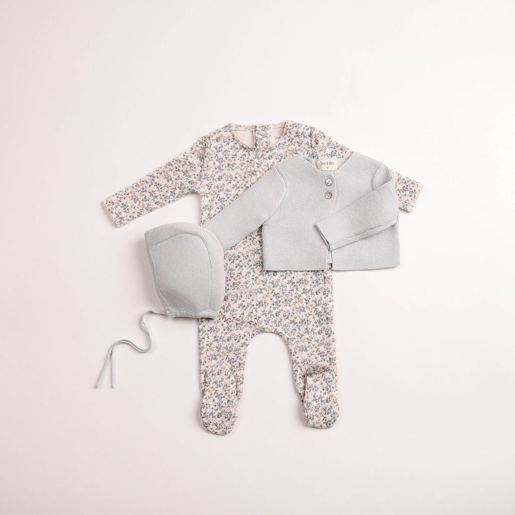 Bee & Dee Petite Fleurs Footie, Hat & Cardigan - Dusty Blue