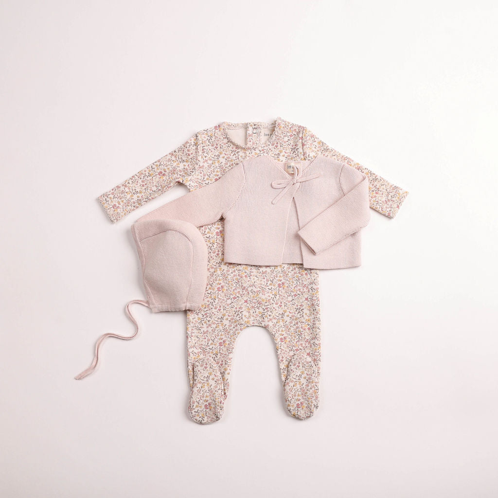 Bee & Dee Petite Fleurs Footie, Hat & Cardigan - Hushed Pink