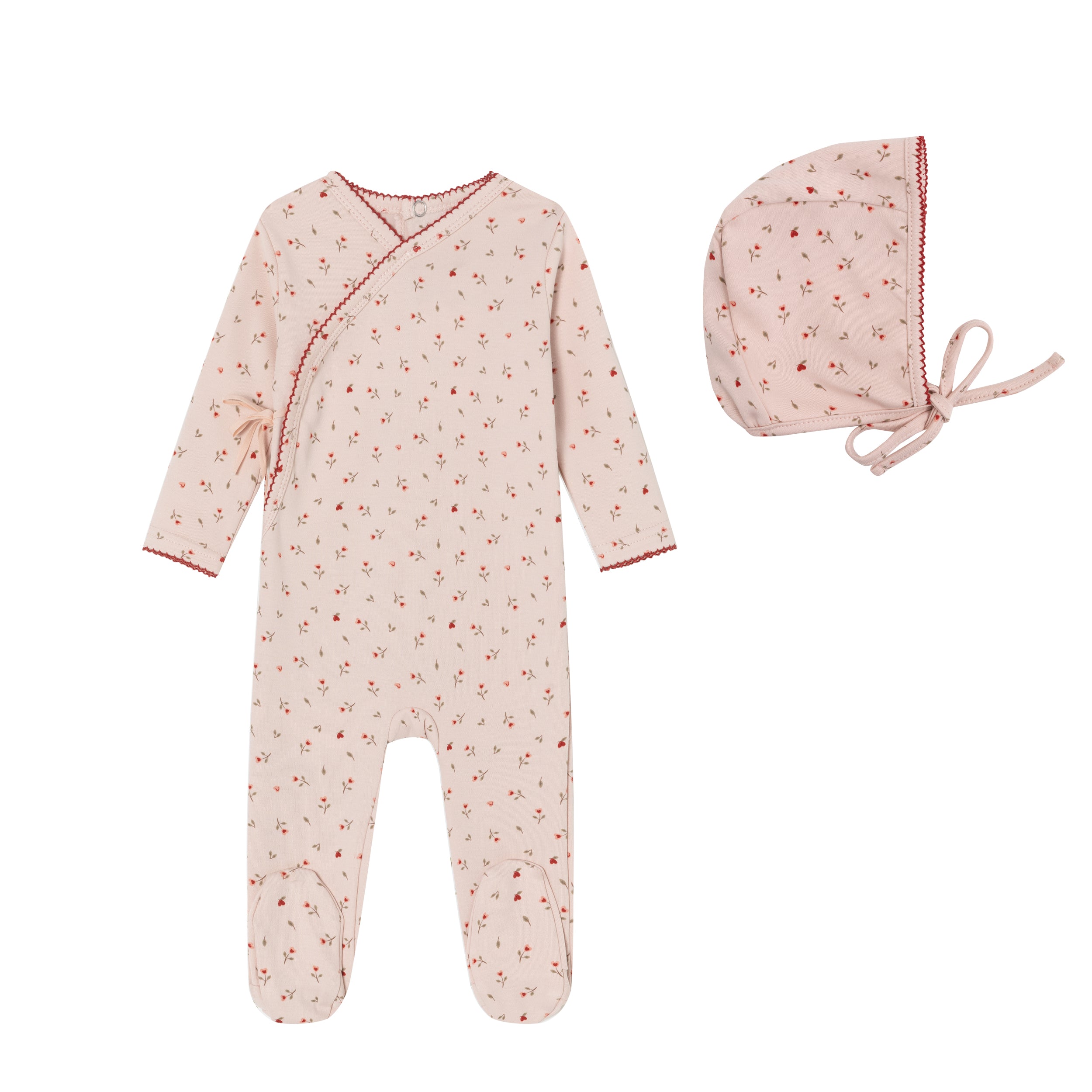 Minilabel Heart Printed Kimono Footie & Bonnet - Pink