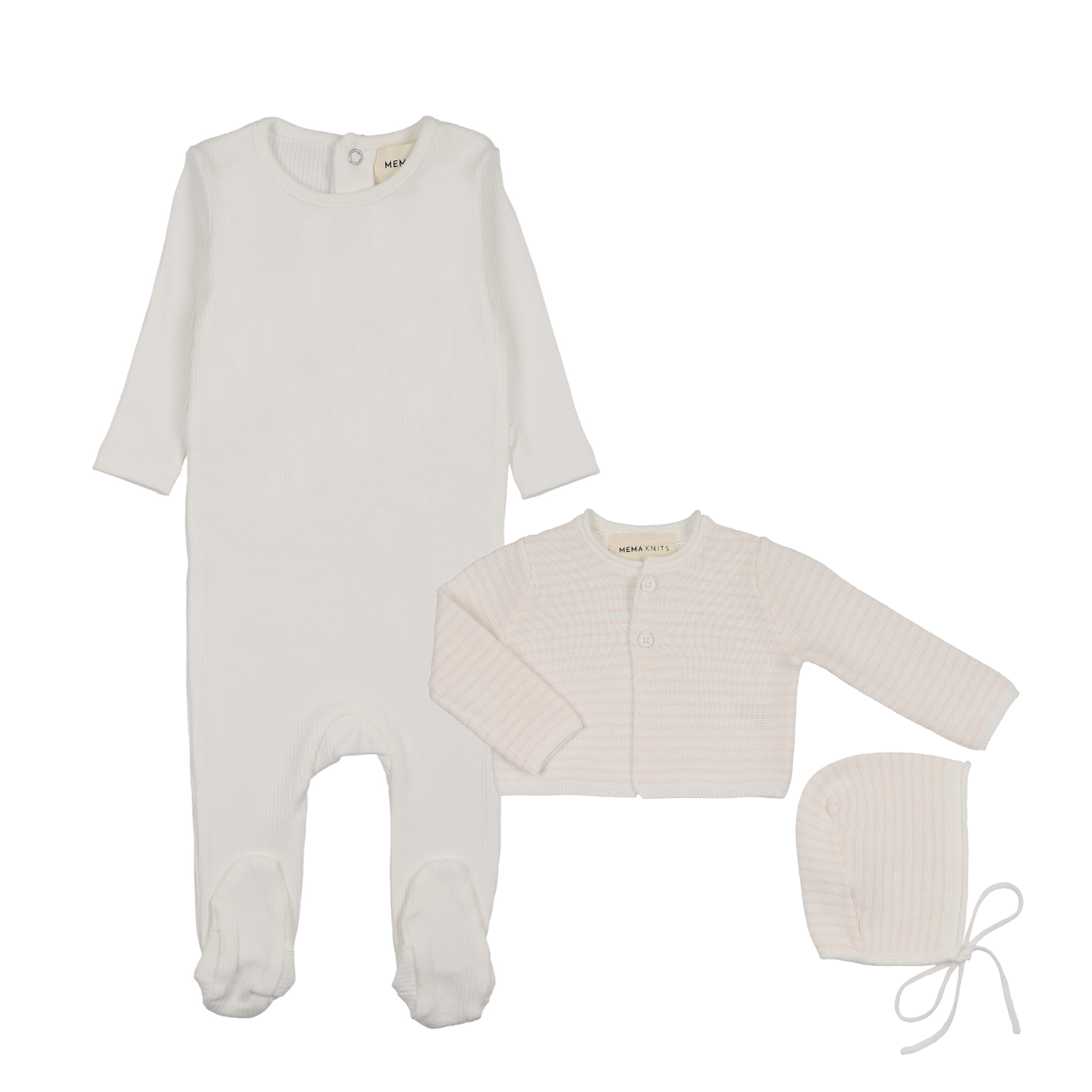 Mema Knits Ribbed Base Footie, Cardigan & Bonnet - White/Blush Stripes
