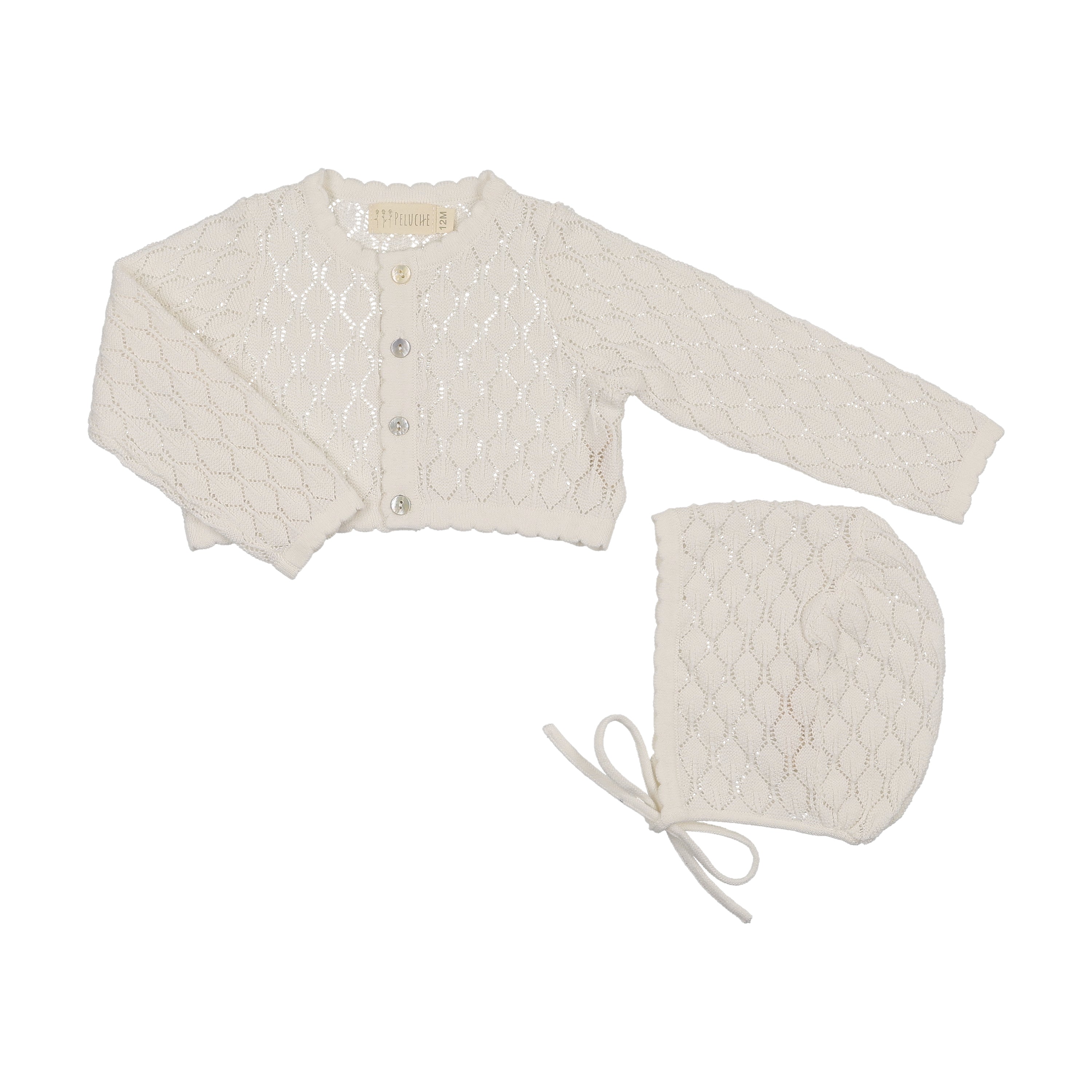Peluche Knit Pointelle Cropped Cardigan & Bonnet- Cream