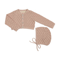 Peluche Knit Pointelle Cropped Cardigan & Bonnet- Rose