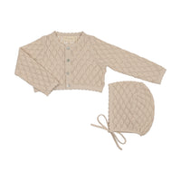 Peluche Knit Pointelle Cropped Cardigan & Bonnet- Stone