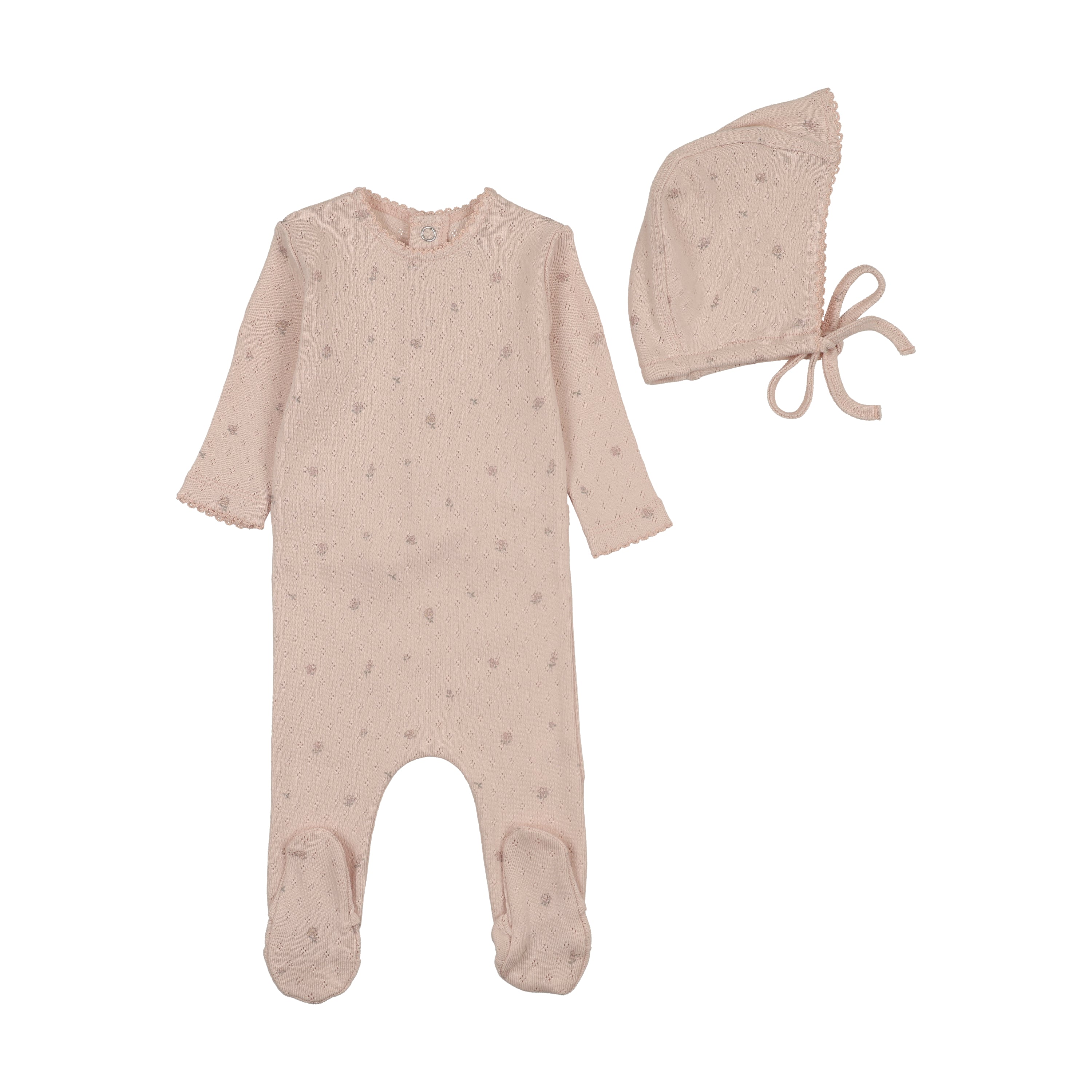 Bee & Dee Pointelle Flowers Footie & Bonnet - Cloud Pink
